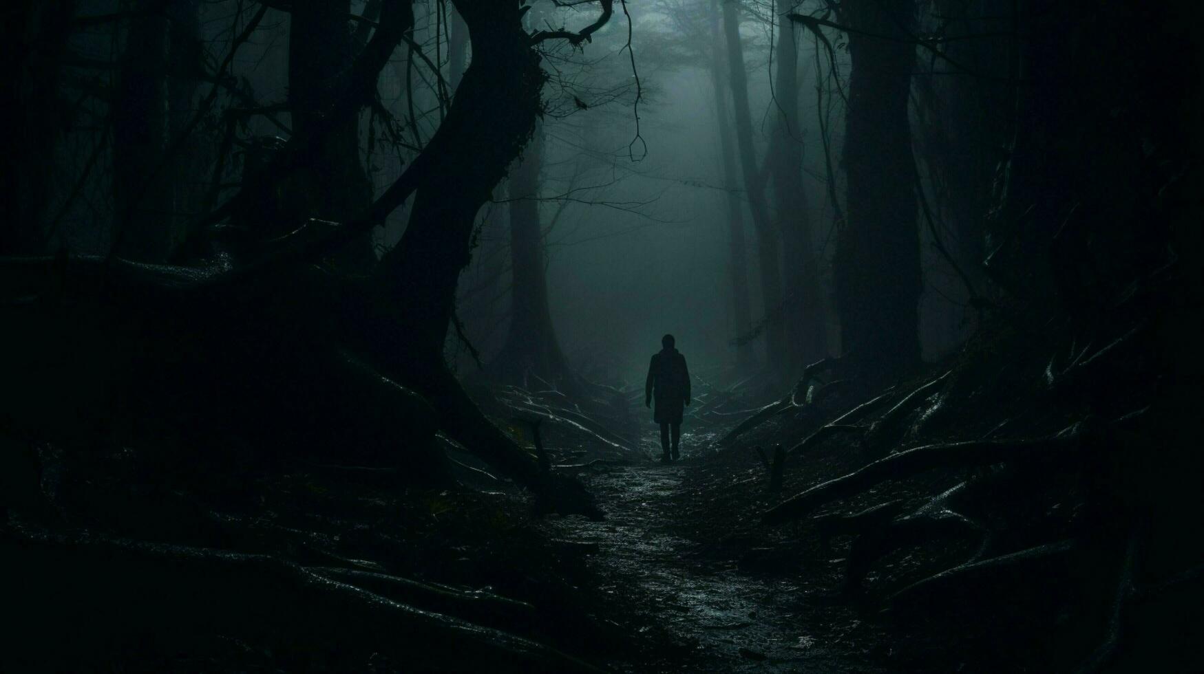 spooky one person walking in dark forest photo