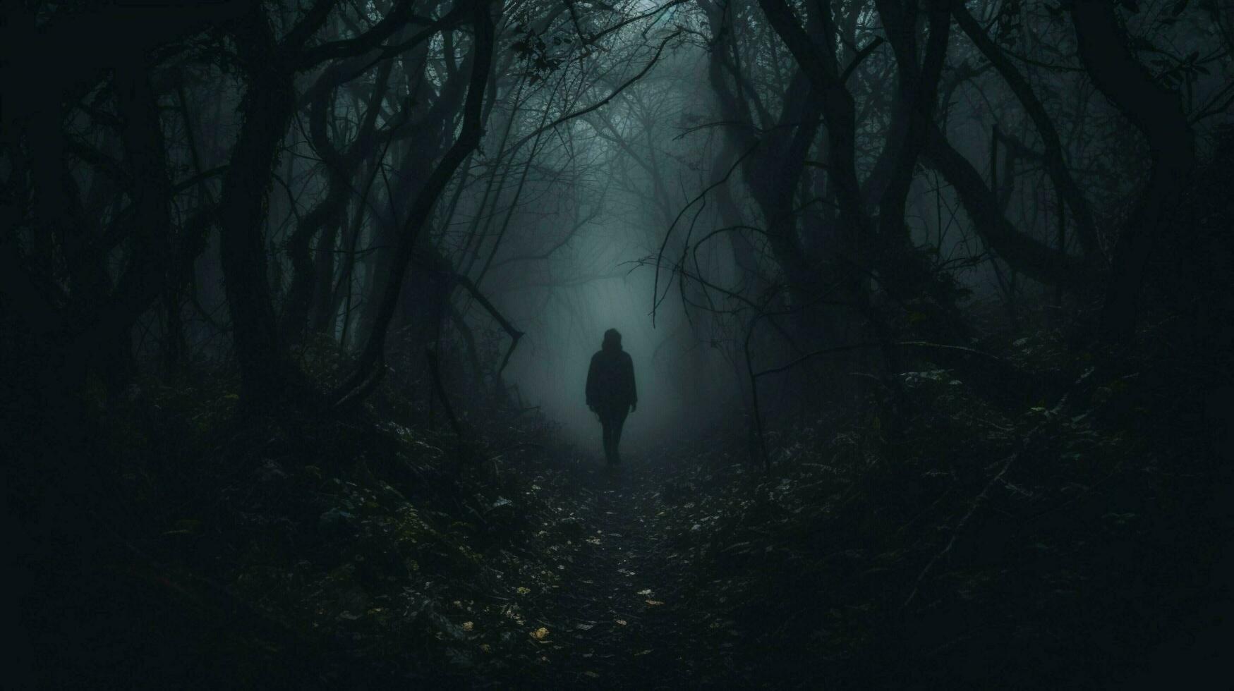 spooky one person walking in dark forest photo