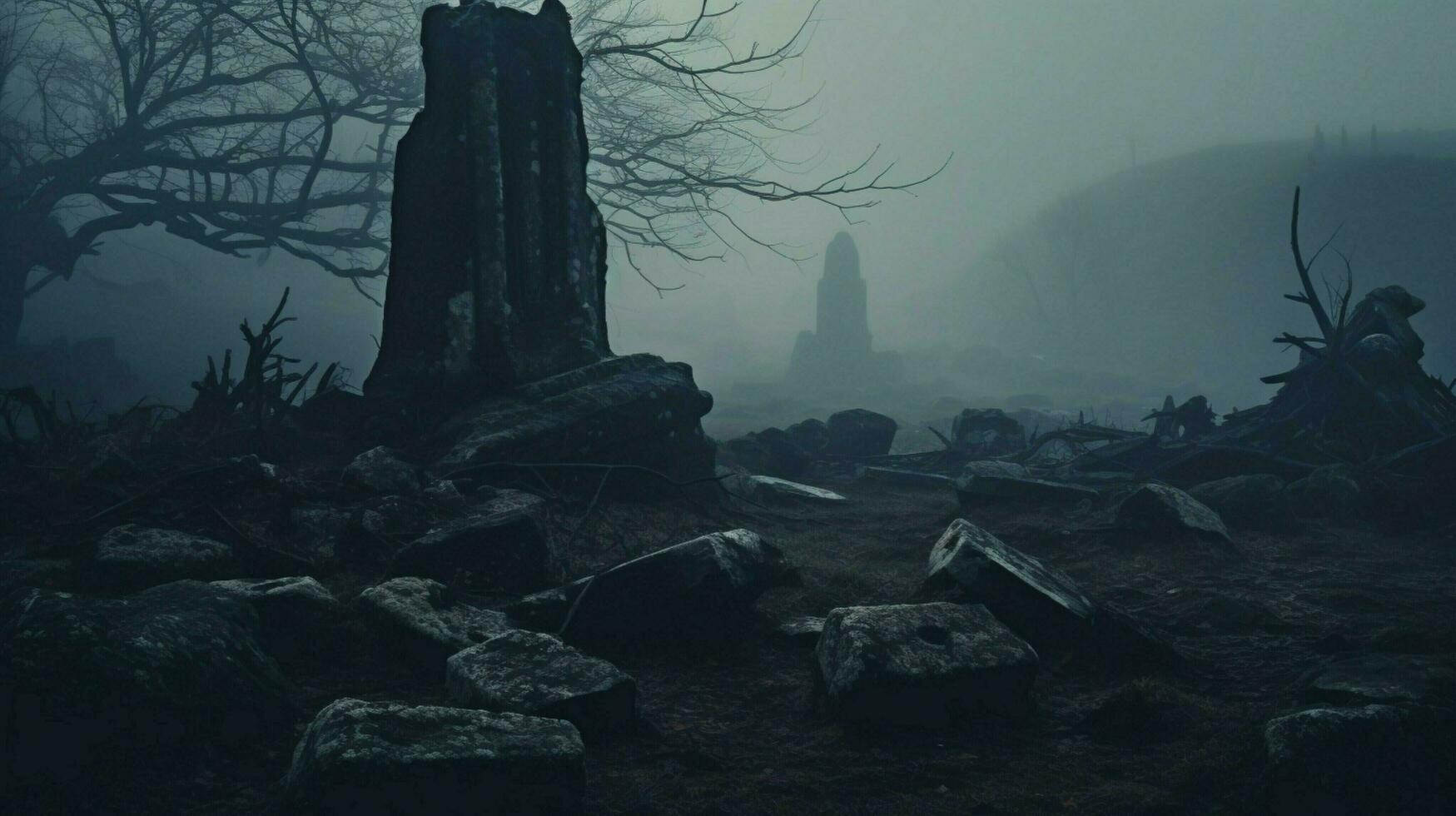 spooky old ruin mystery of ancient tombstone in foggy land photo