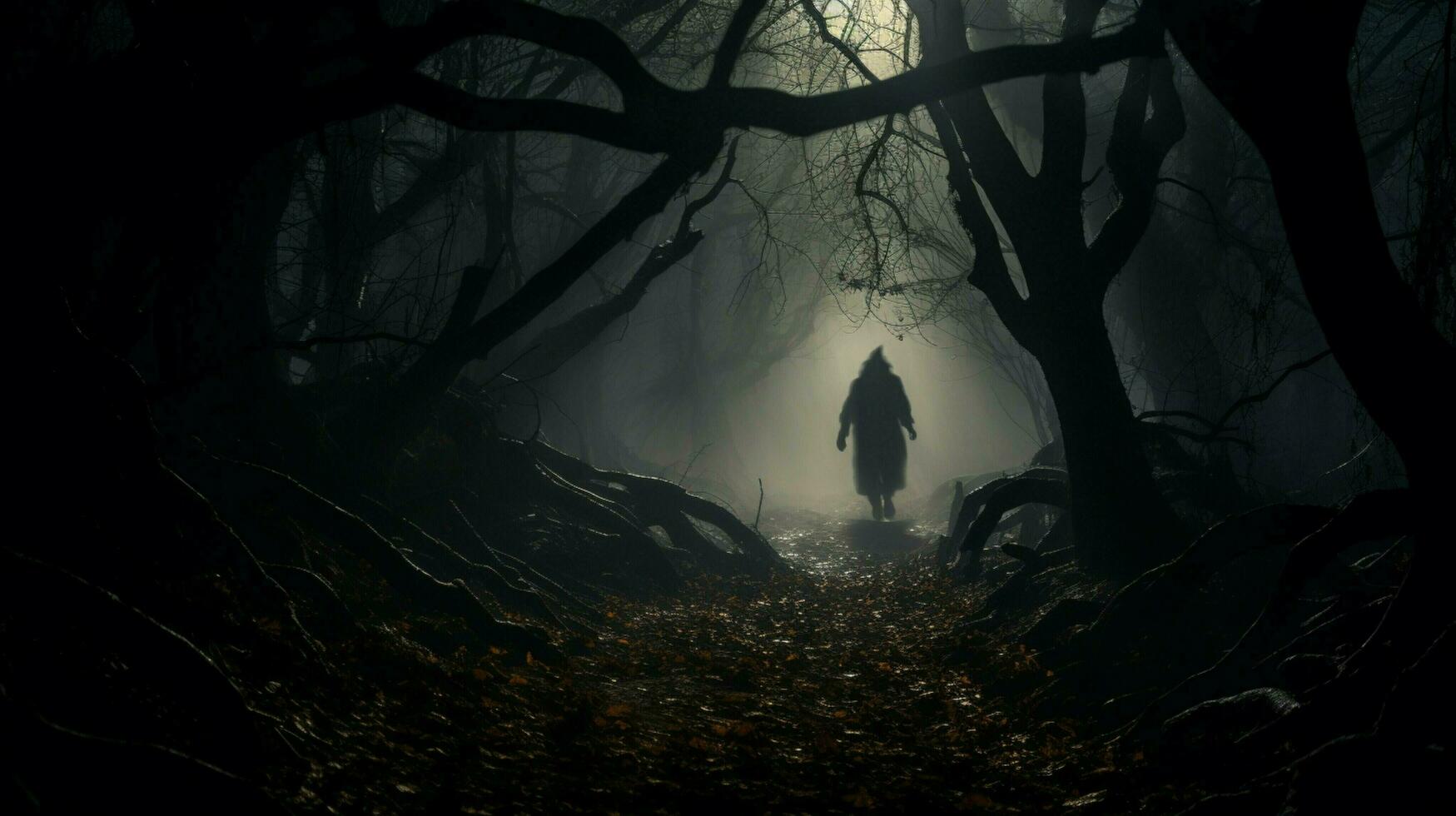 spooky silhouette walks through foggy forest trail photo