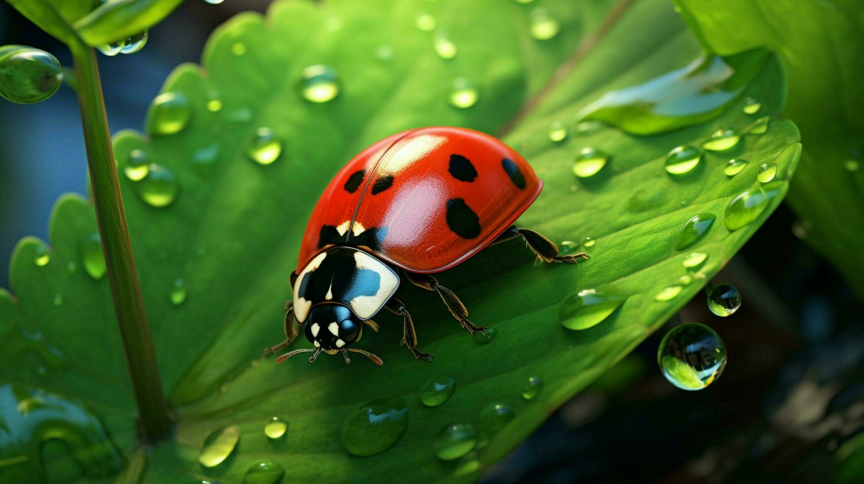 spotted ladybug crawls on fresh green leaf photo