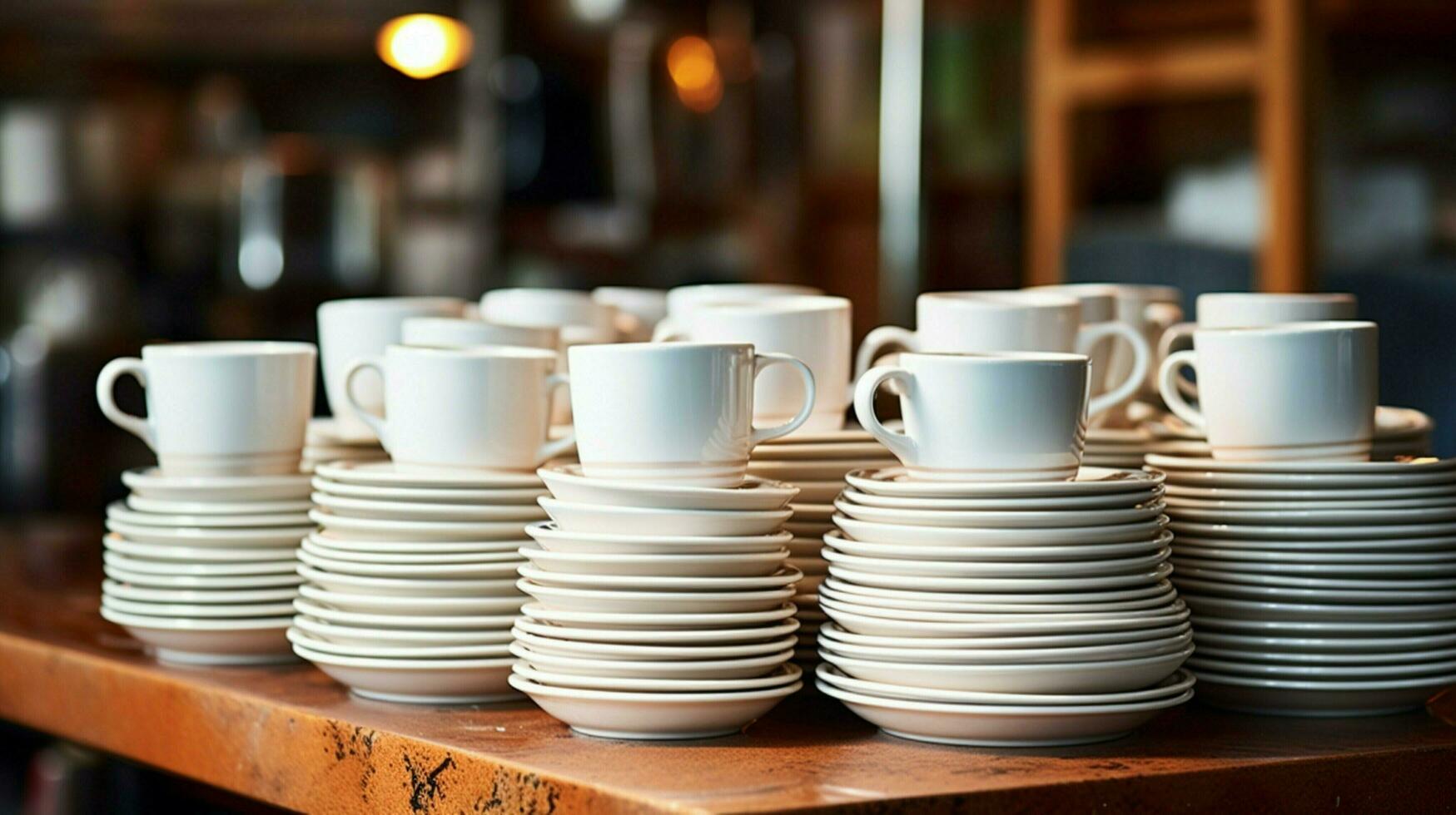 apilar de café tazas en un fila en mesa No personas foto