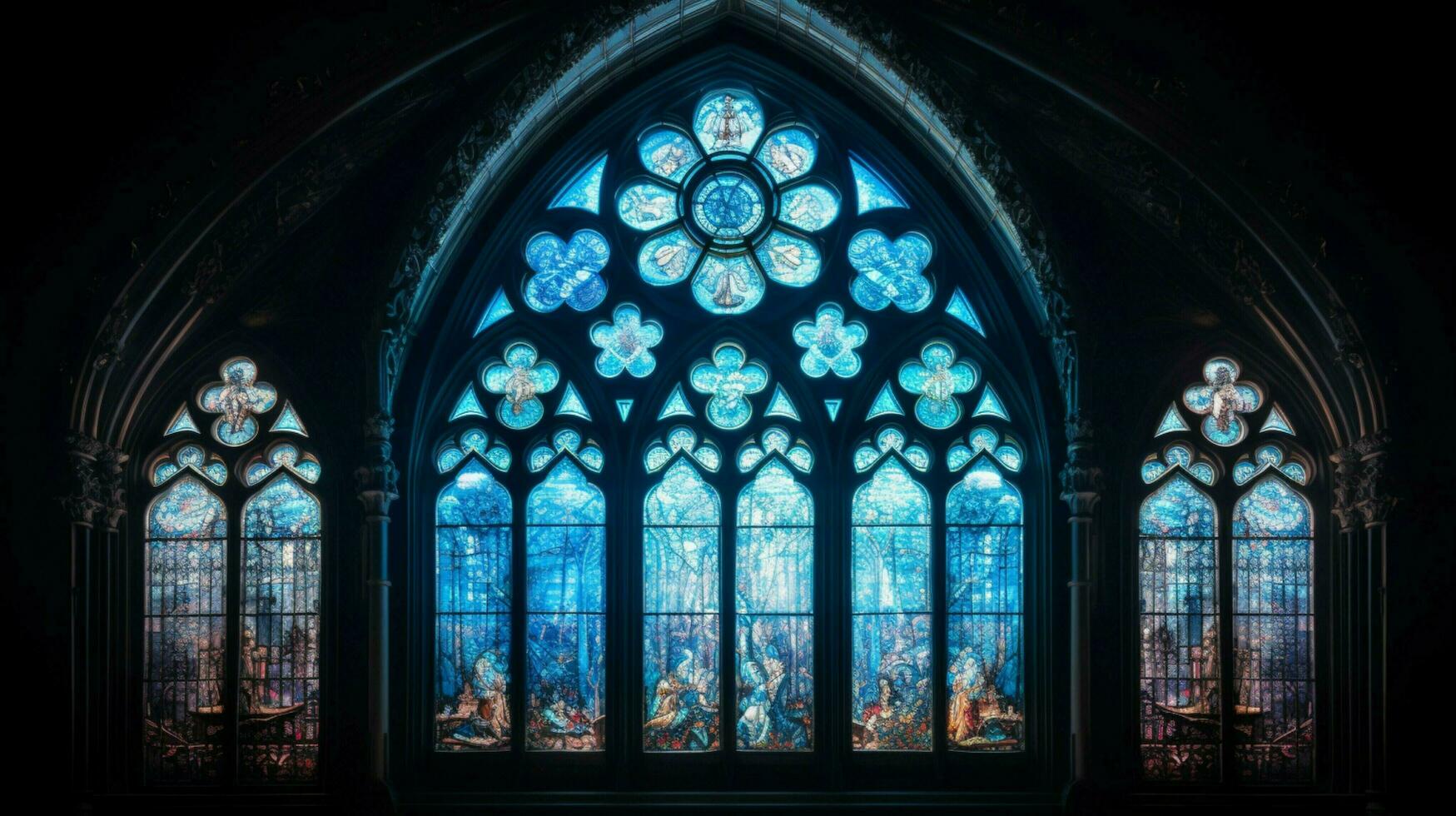 stained glass window illuminates ancient gothic architect photo