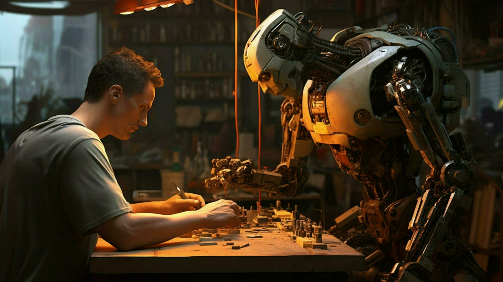 standing cyborg oversees robotic arm manufacturing progress 32947100 ...