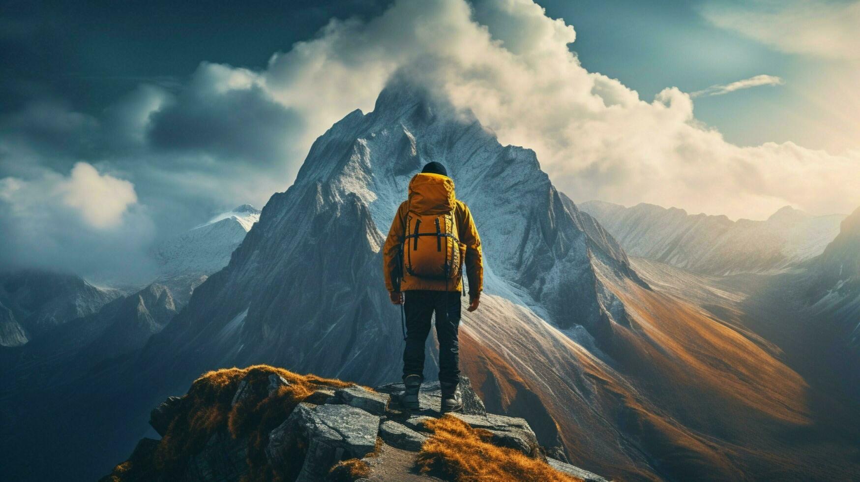 standing on cliff backpack admiring mountain peak photo