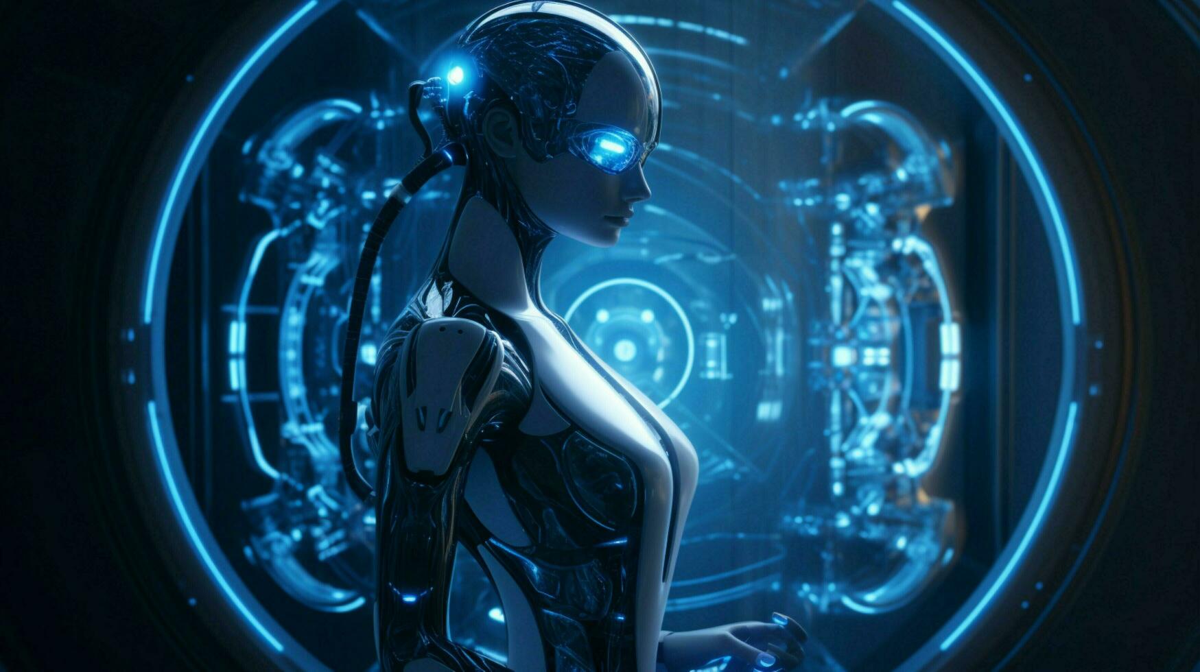 standing futuristic cyborg illuminated by blue machinery photo