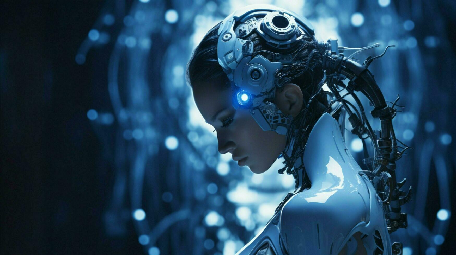 standing futuristic cyborg illuminated by blue machinery photo