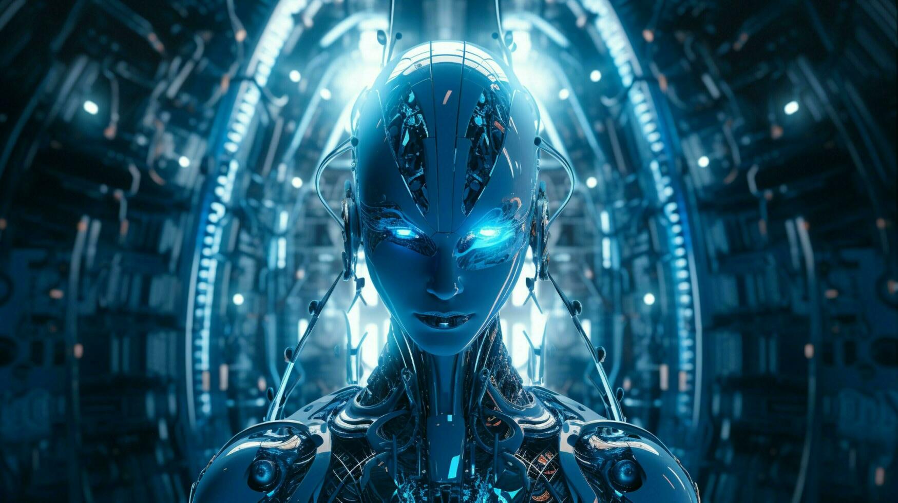 standing futuristic cyborg illuminated by blue machinery photo