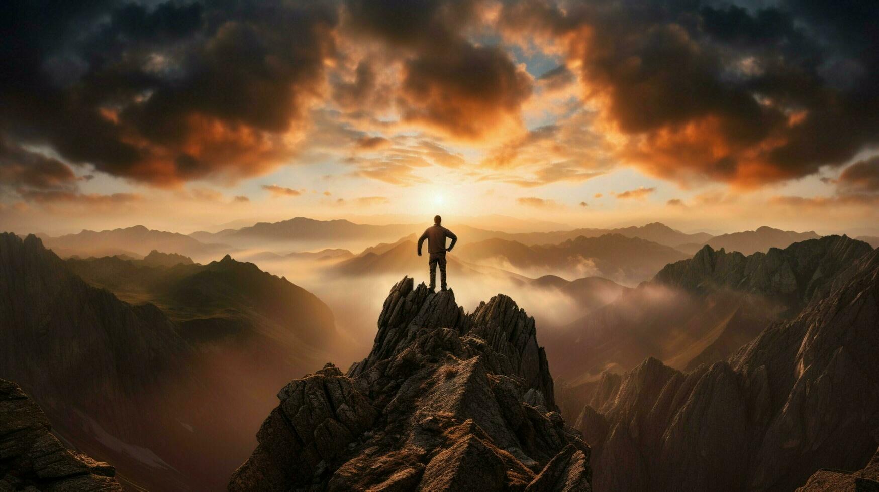 standing silhouette conquers mountain peak dramatic sky photo