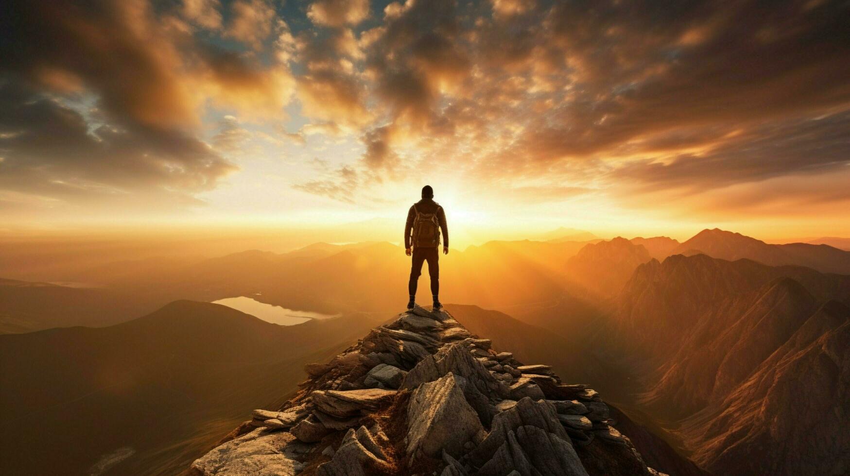 standing silhouette on mountain peak admiring sunset photo