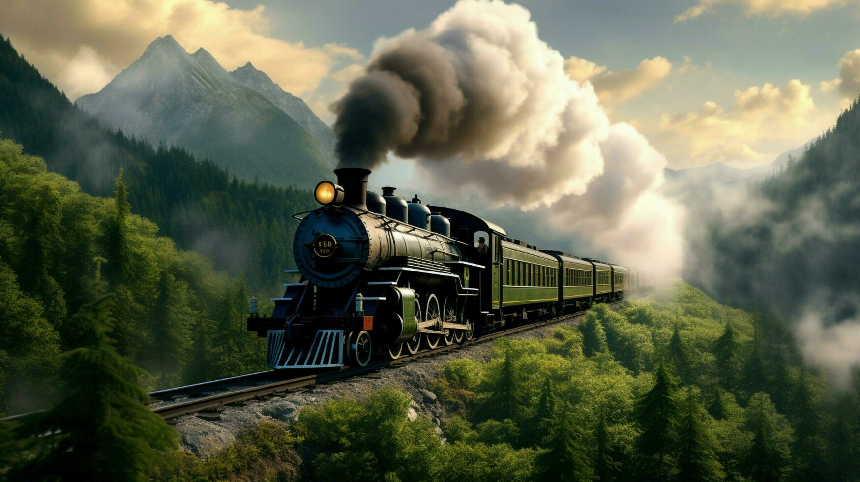 steam locomotive chugs through mountainous forest landscape photo