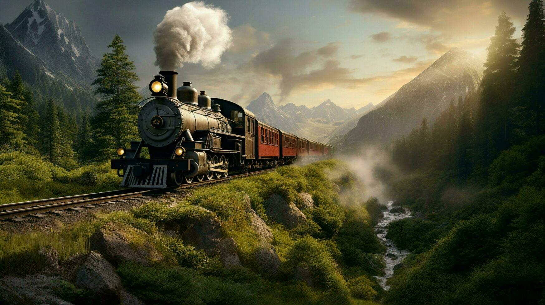steam locomotive chugs through mountainous forest landscape photo