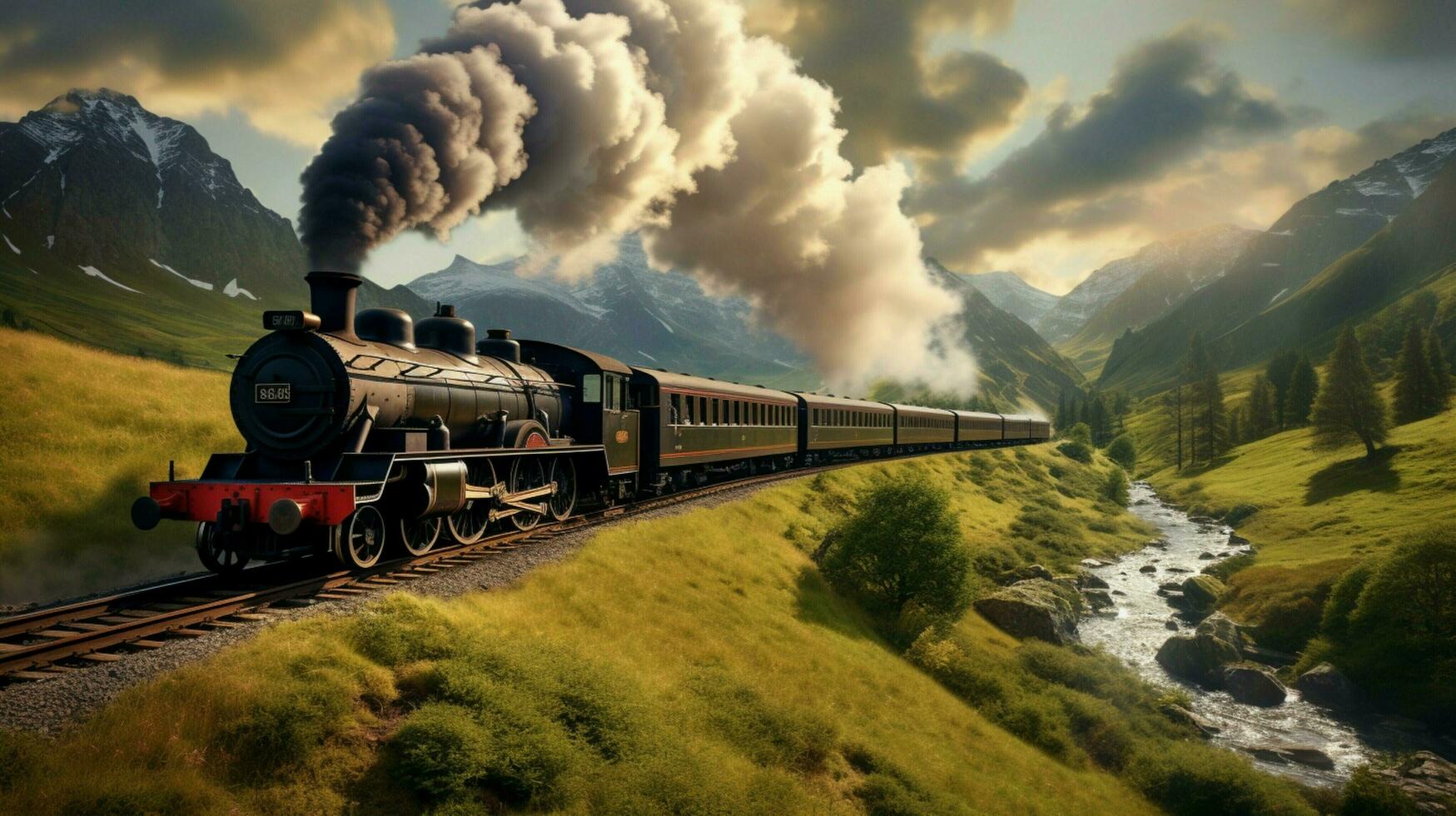 steam train chugs through rural mountainside scenery photo