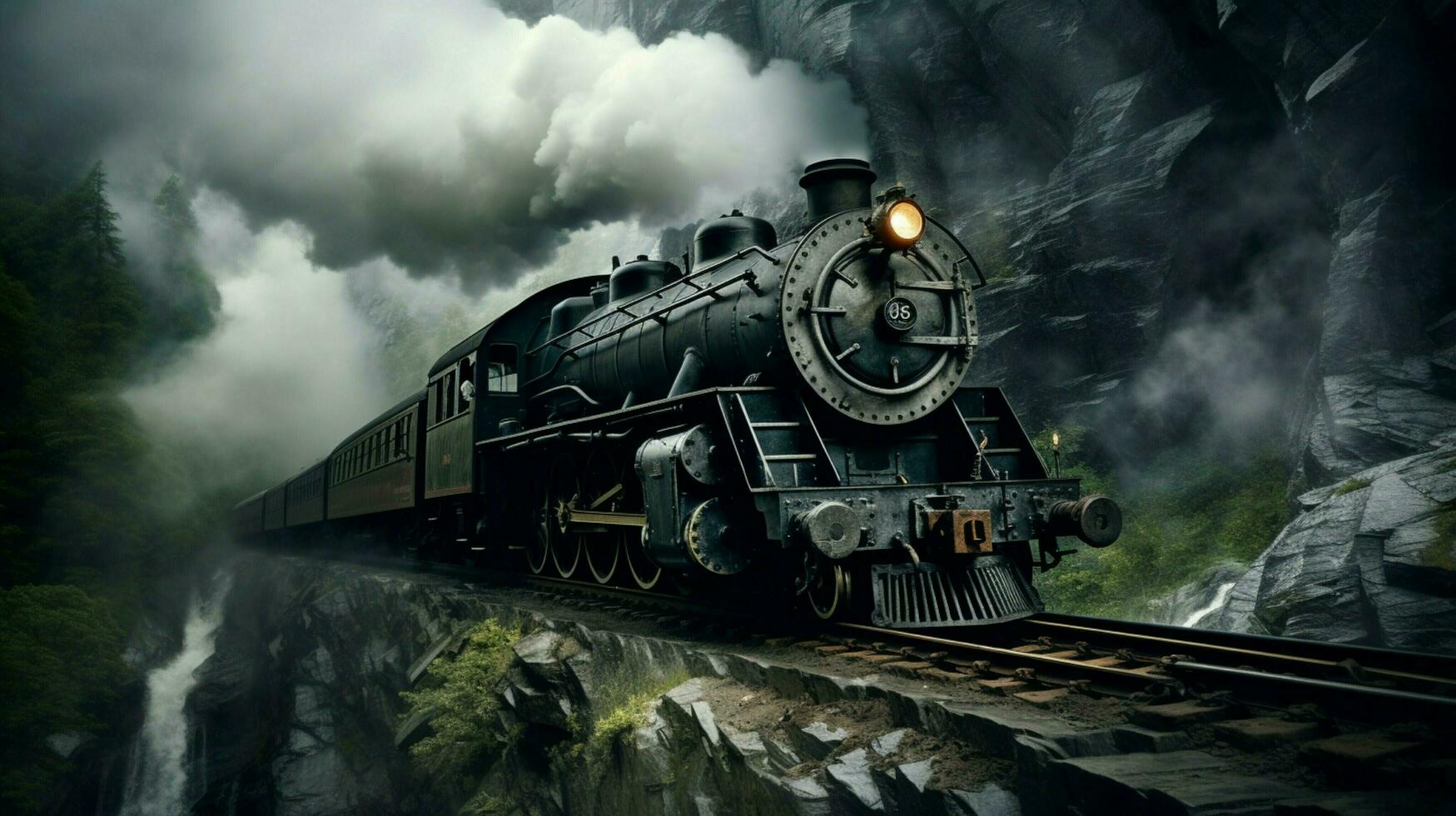 steam locomotive speeds through abandoned mountain pass photo