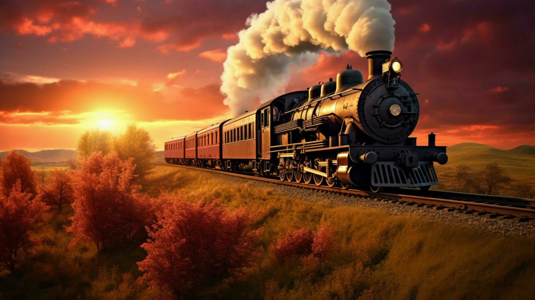 steam train speeds through rural sunset scenery photo