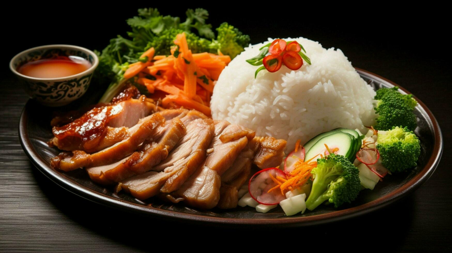steamed rice pork and vegetables on a plate photo