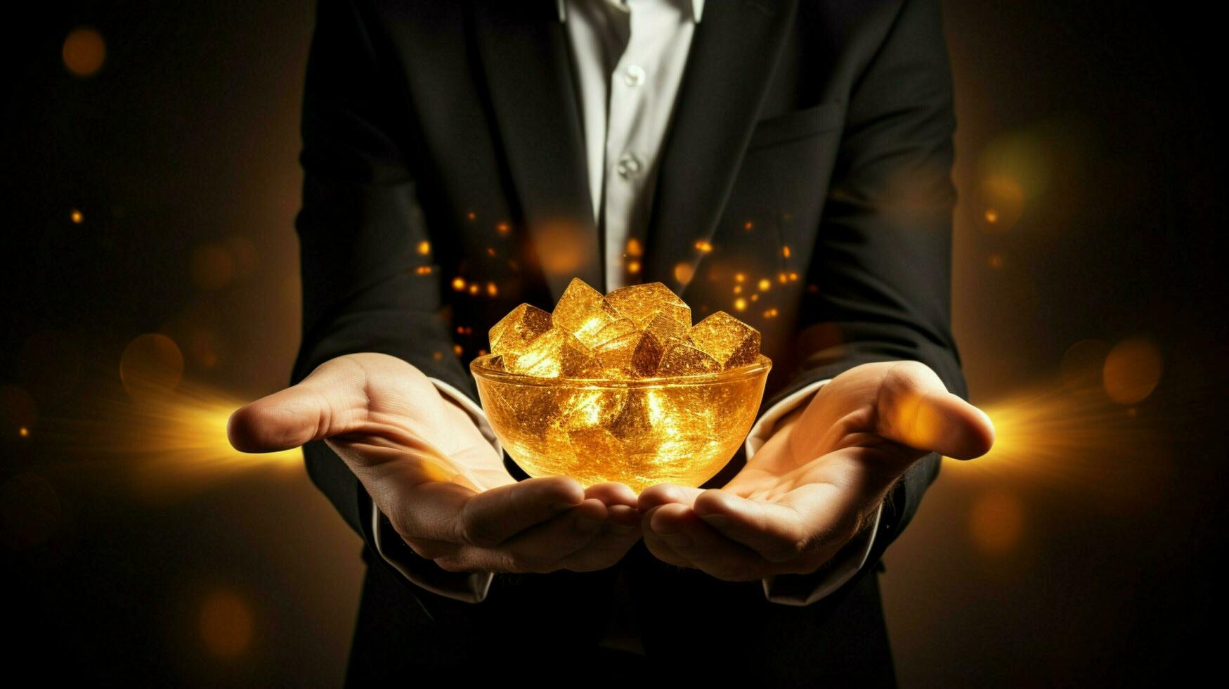 success glows in businessman hand holding gold photo