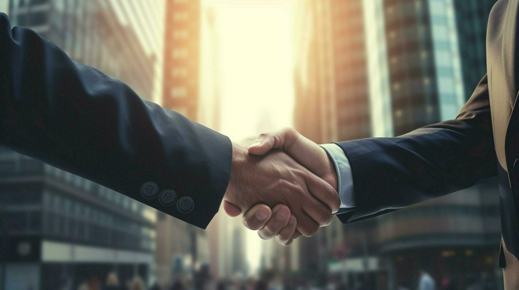 successful businessmen shaking hands in front of building photo