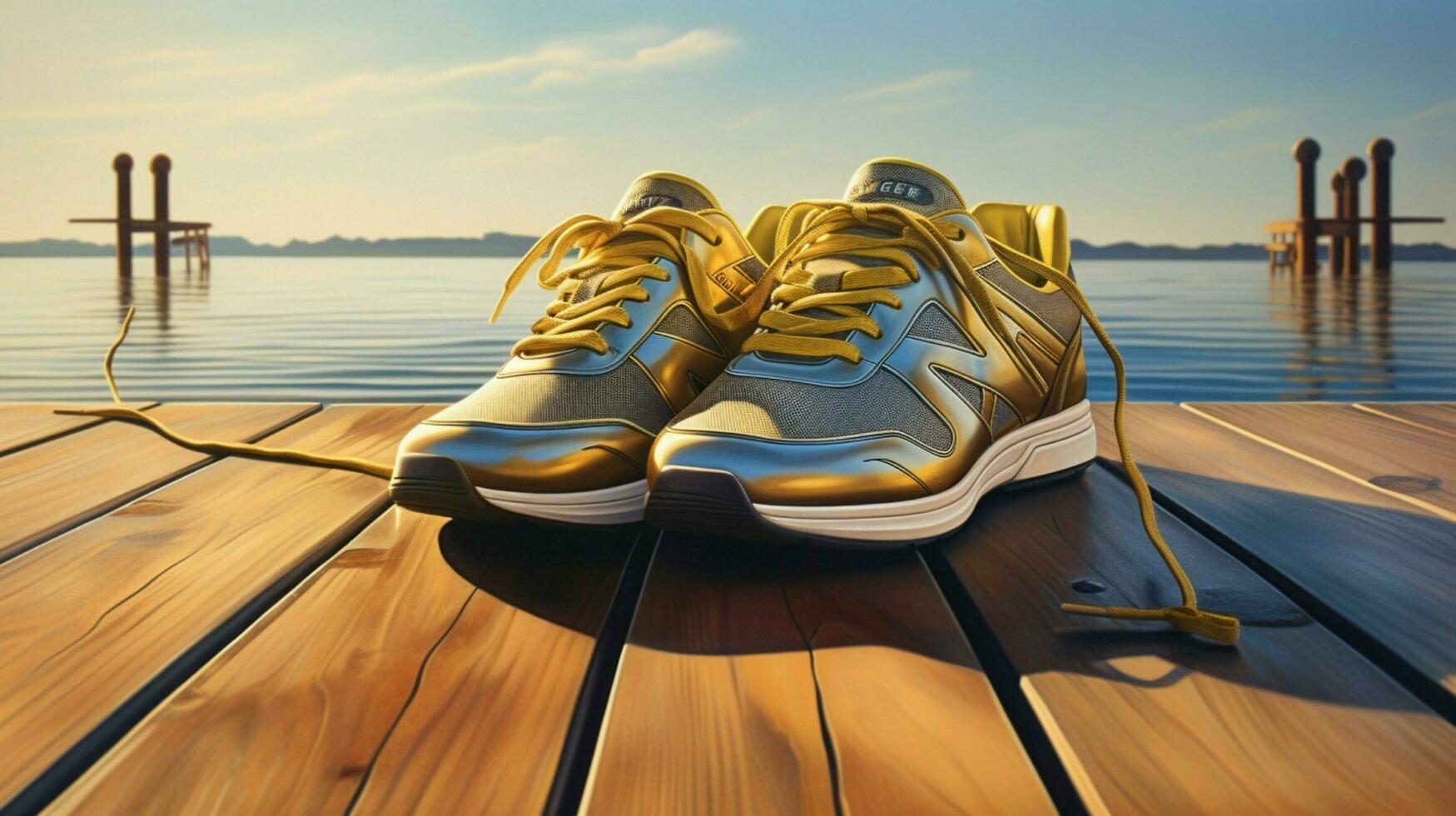 sun kissed sports shoes rest on tranquil pier photo