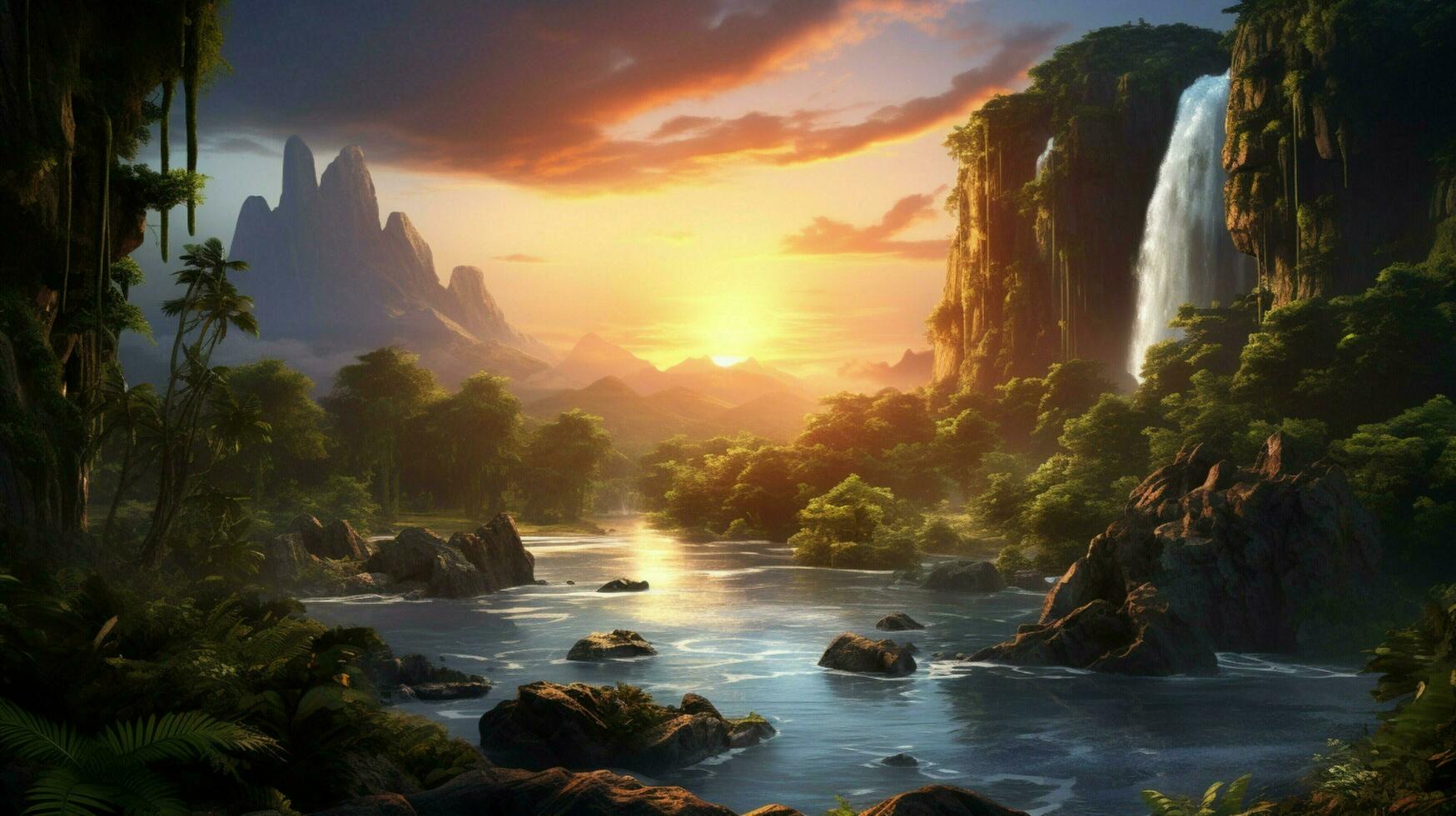 sunset over tropical rainforest tranquil beauty surrounds photo
