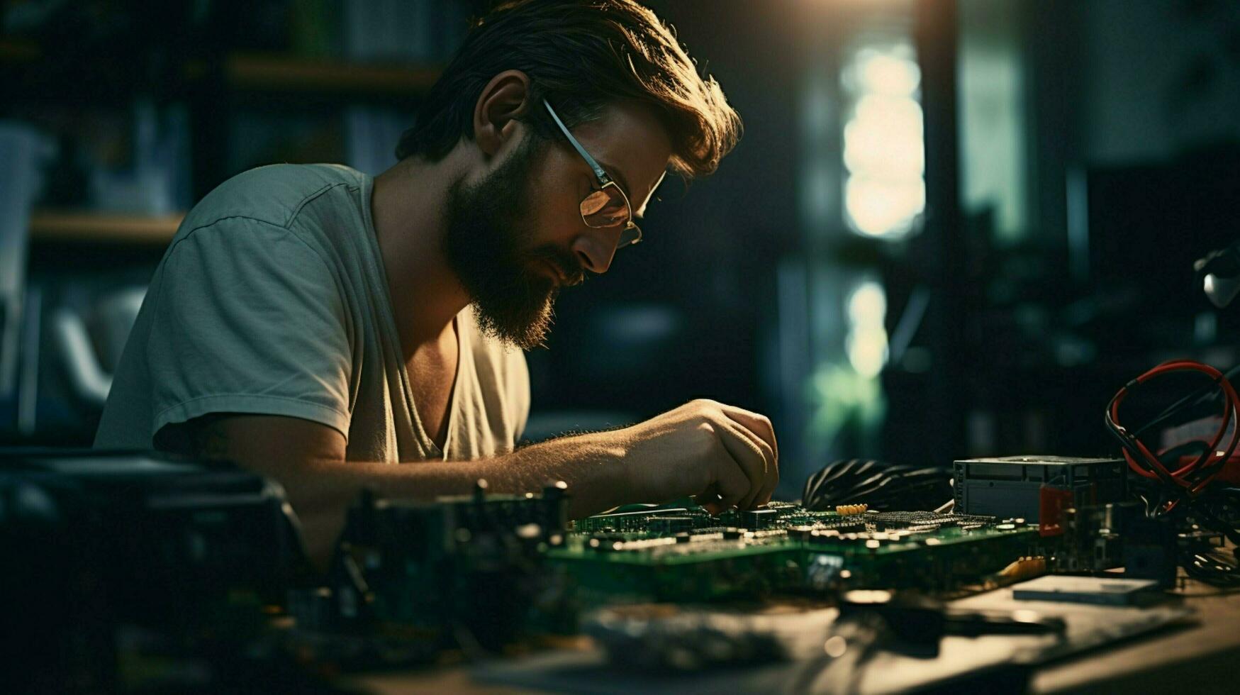 technician repairing computer equipment soldering semicon photo