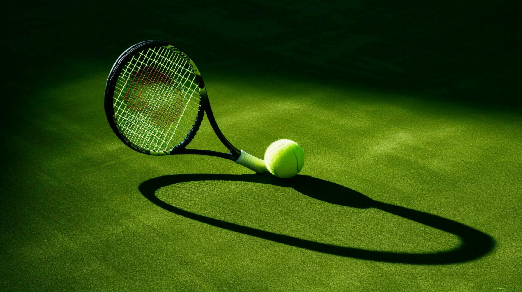 tennis ball racket and shadow on green grass photo