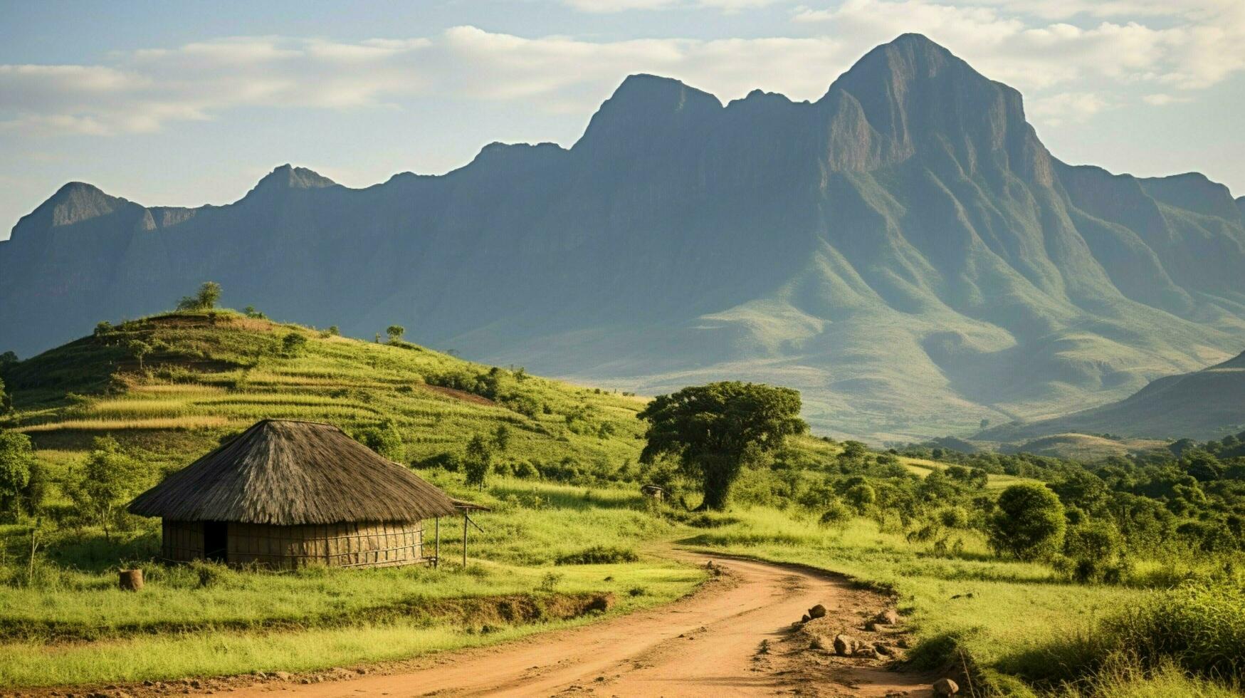 tejado de paja choza en medio de montañoso africano paisaje foto