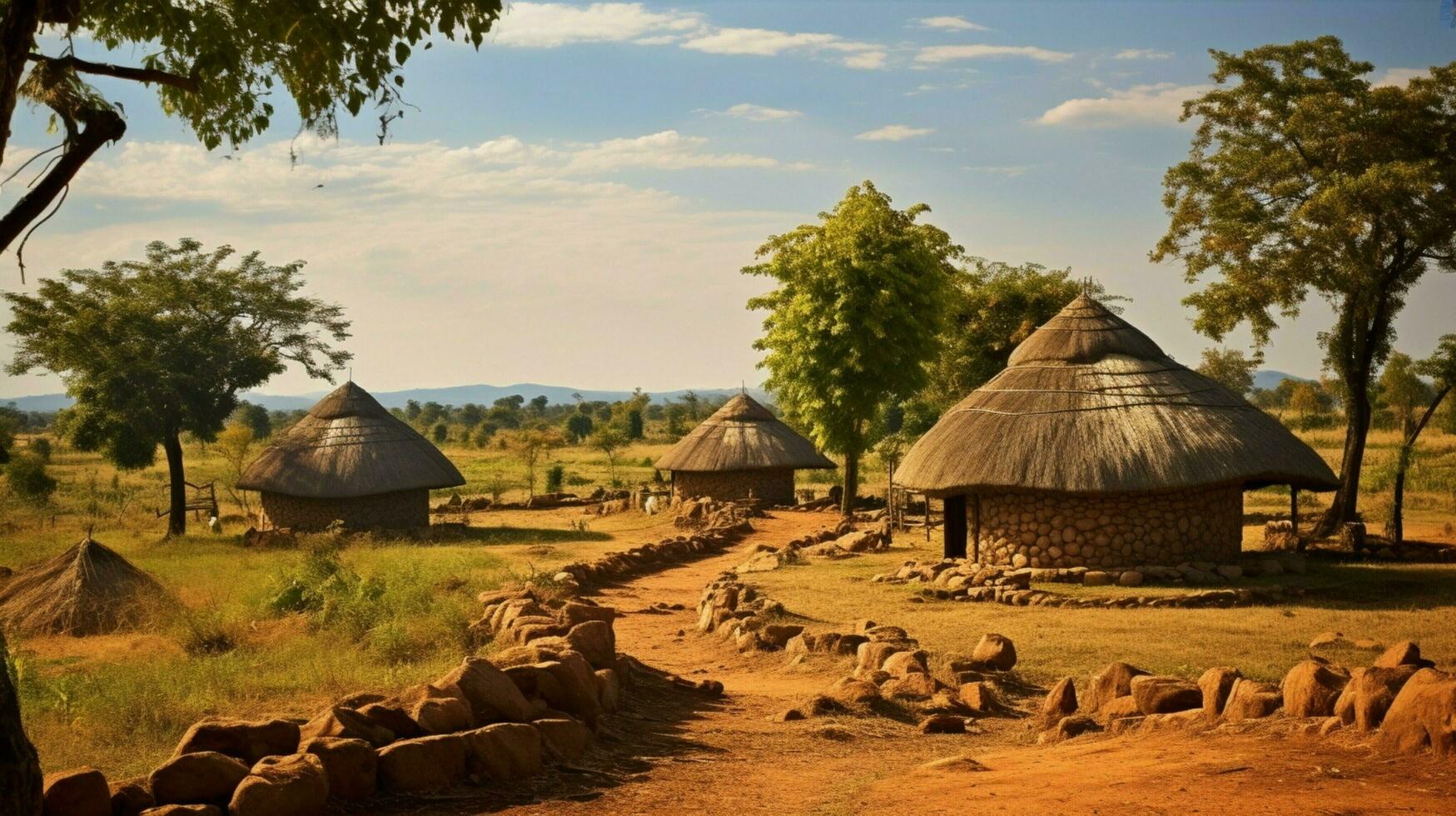 thatched roofs dot idyllic african rural landscapes photo