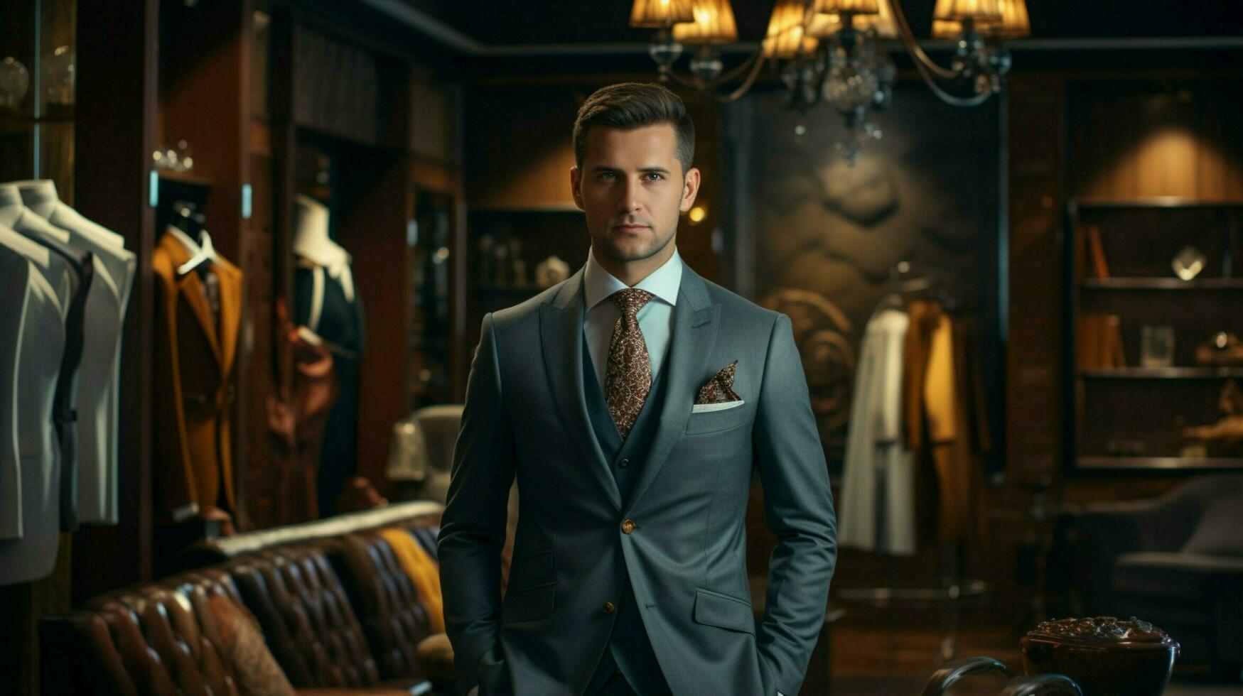 the confident businessman stands in luxury boutique photo