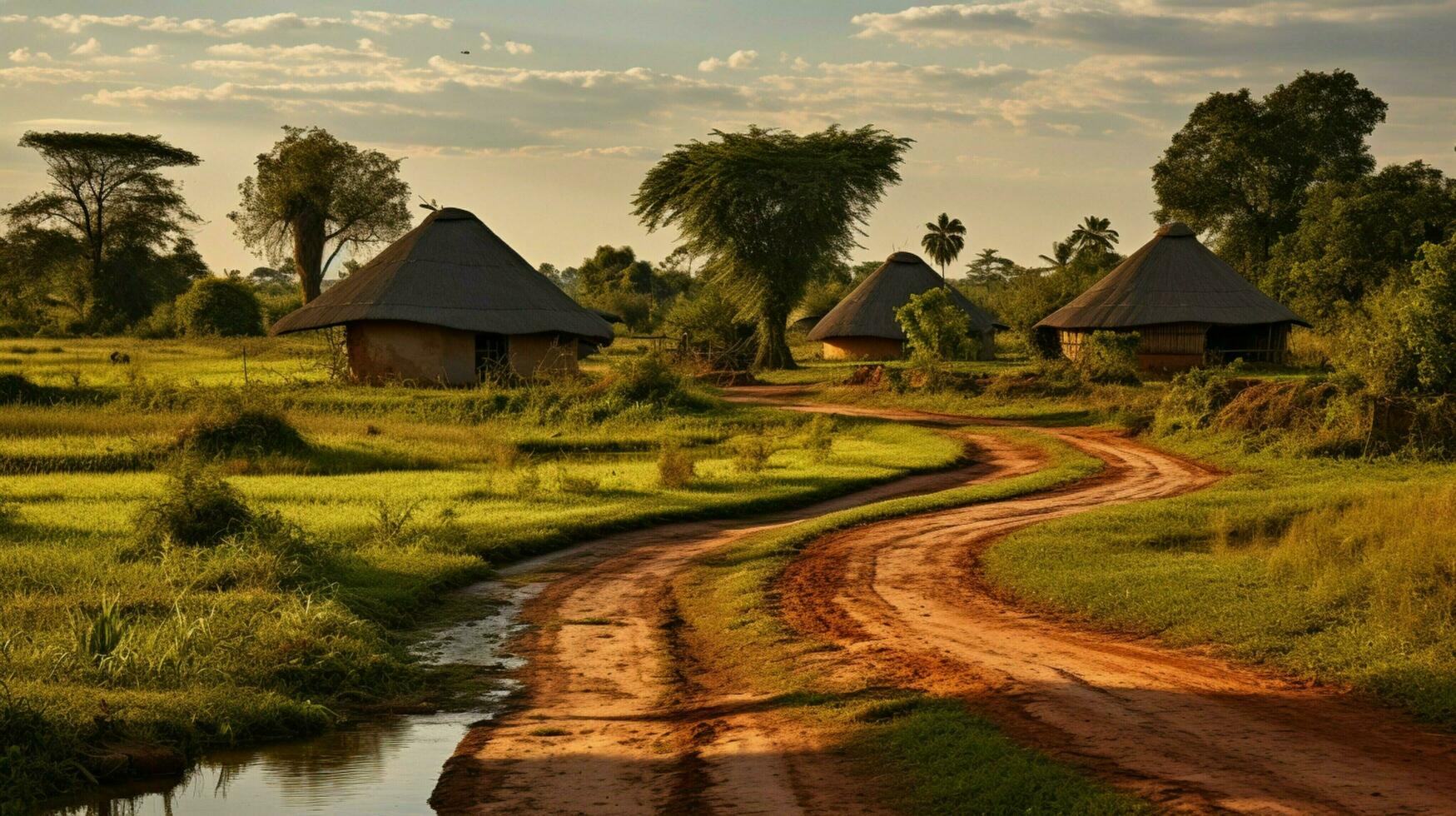 thatched roofs dot idyllic african rural landscapes photo