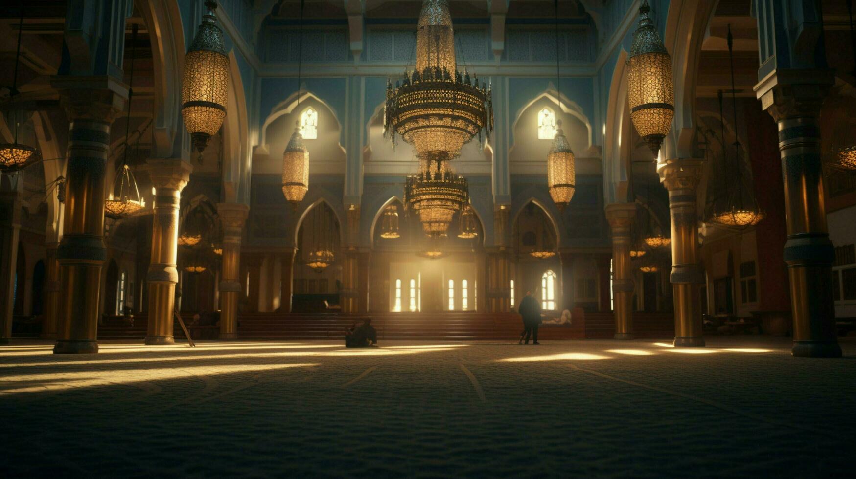 the inside of a mosque with a large carpet and a large photo