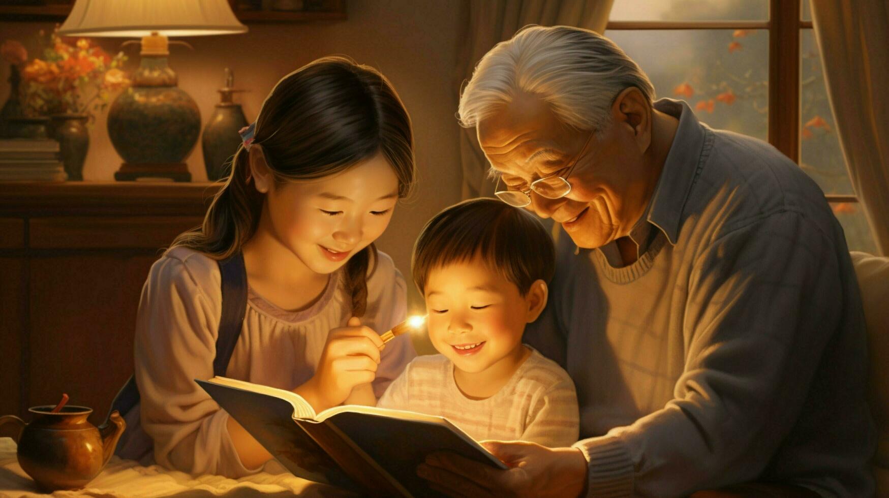 three generations bonding over a picture book photo