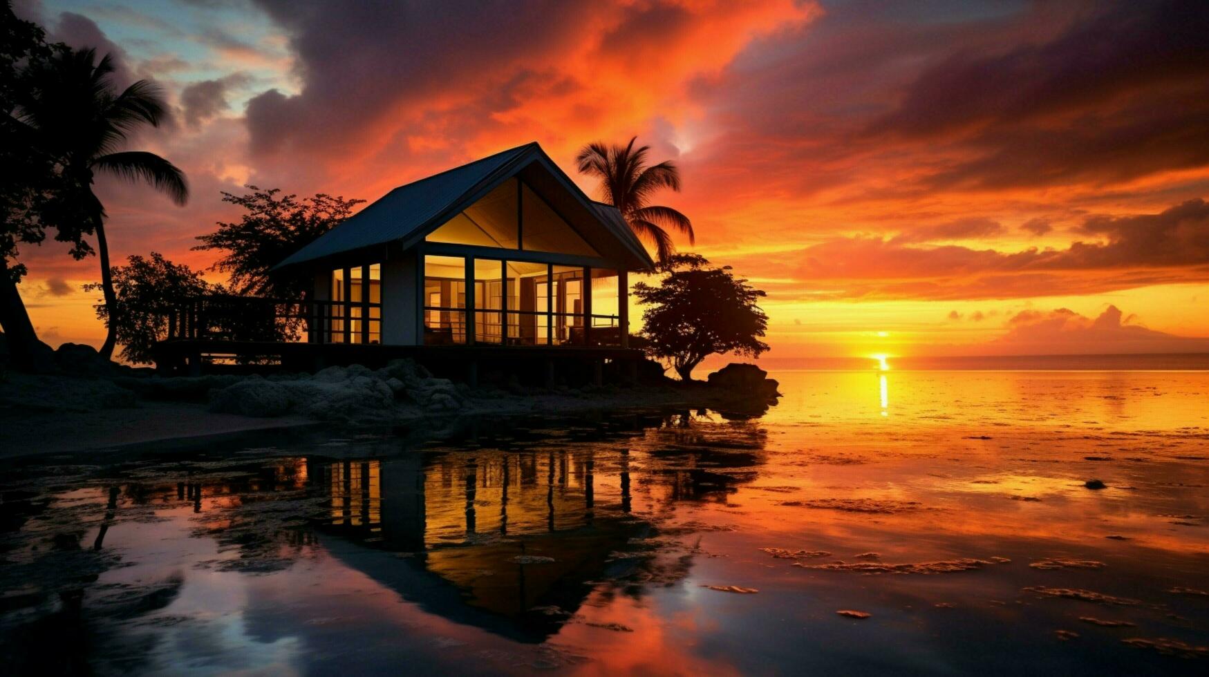 tranquil bungalow reflection silhouettes caribbean sunset photo