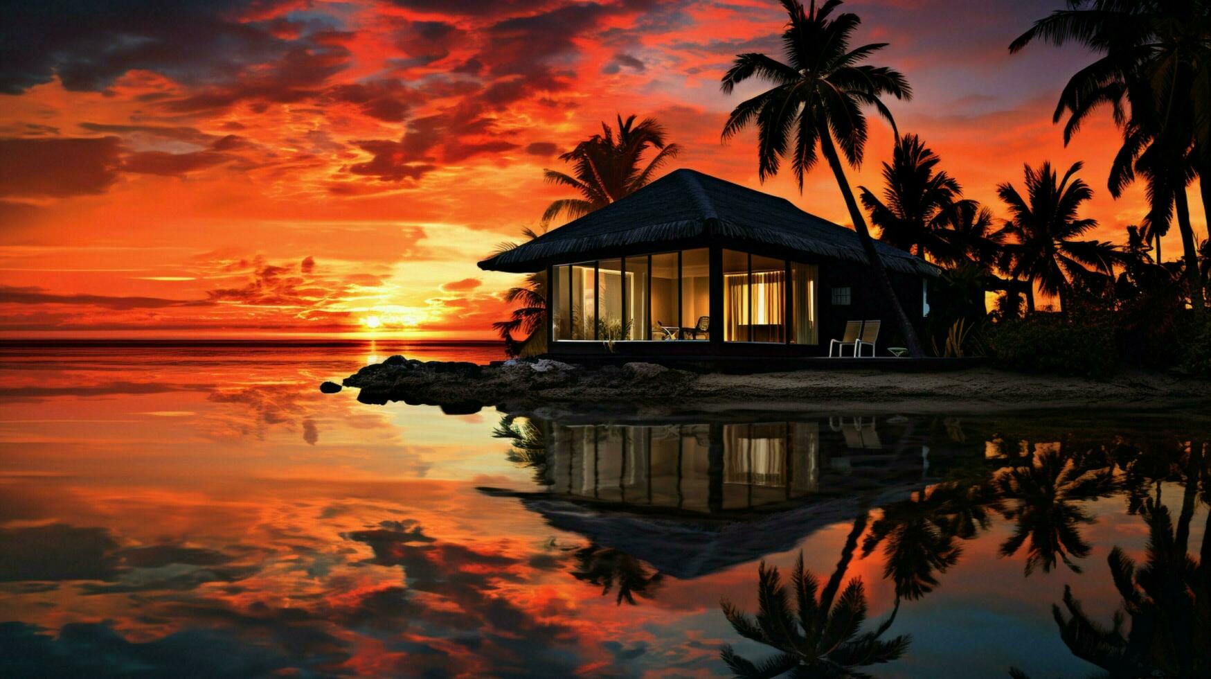 tranquil bungalow reflection silhouettes caribbean sunset photo