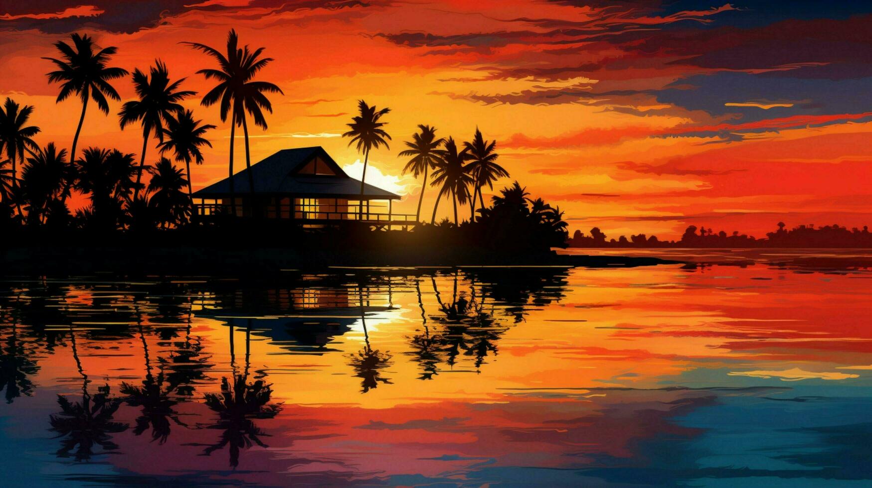 tranquil bungalow reflection silhouettes caribbean sunset photo