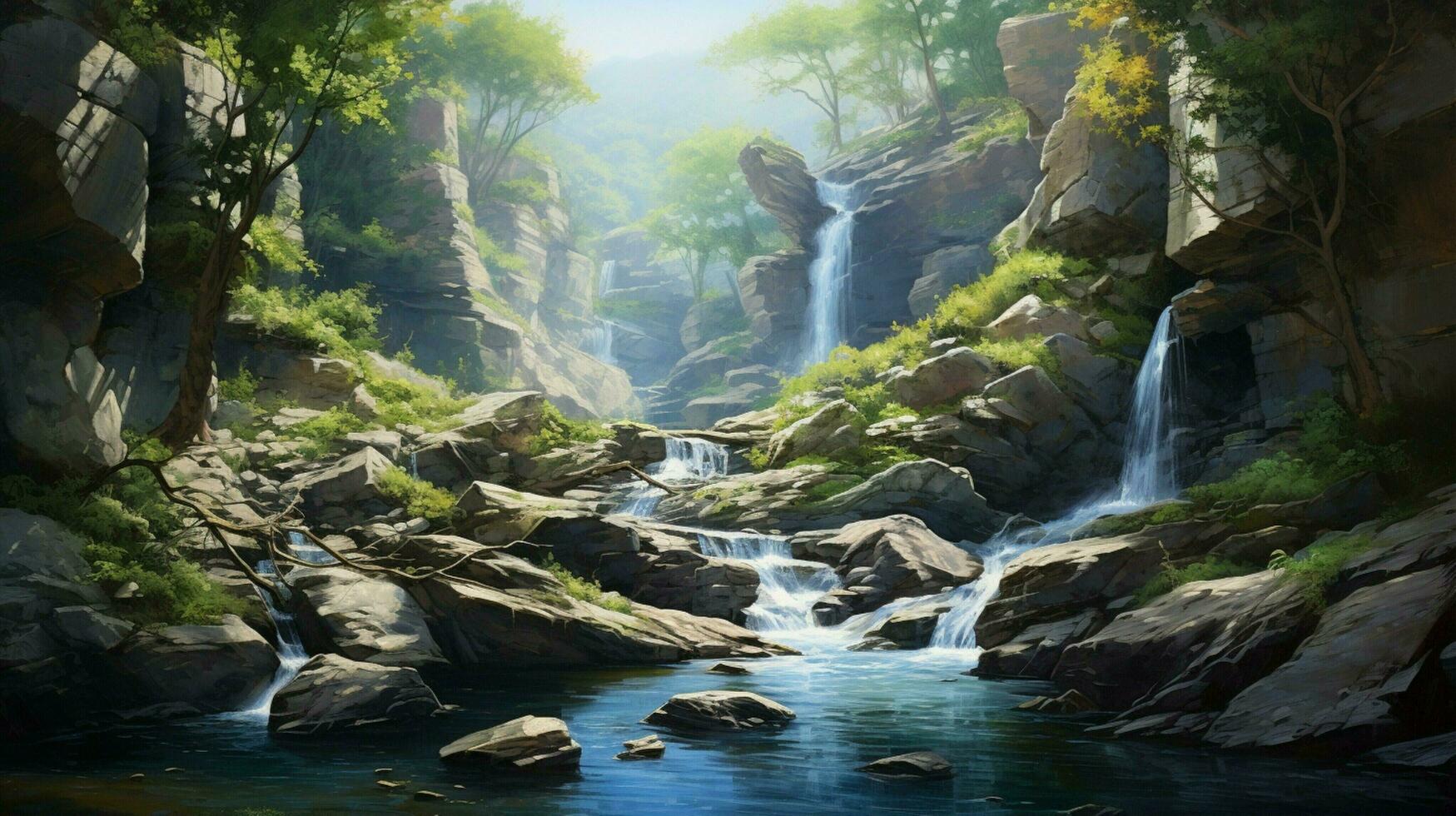 tranquil landscape water flowing through rocky ravine photo