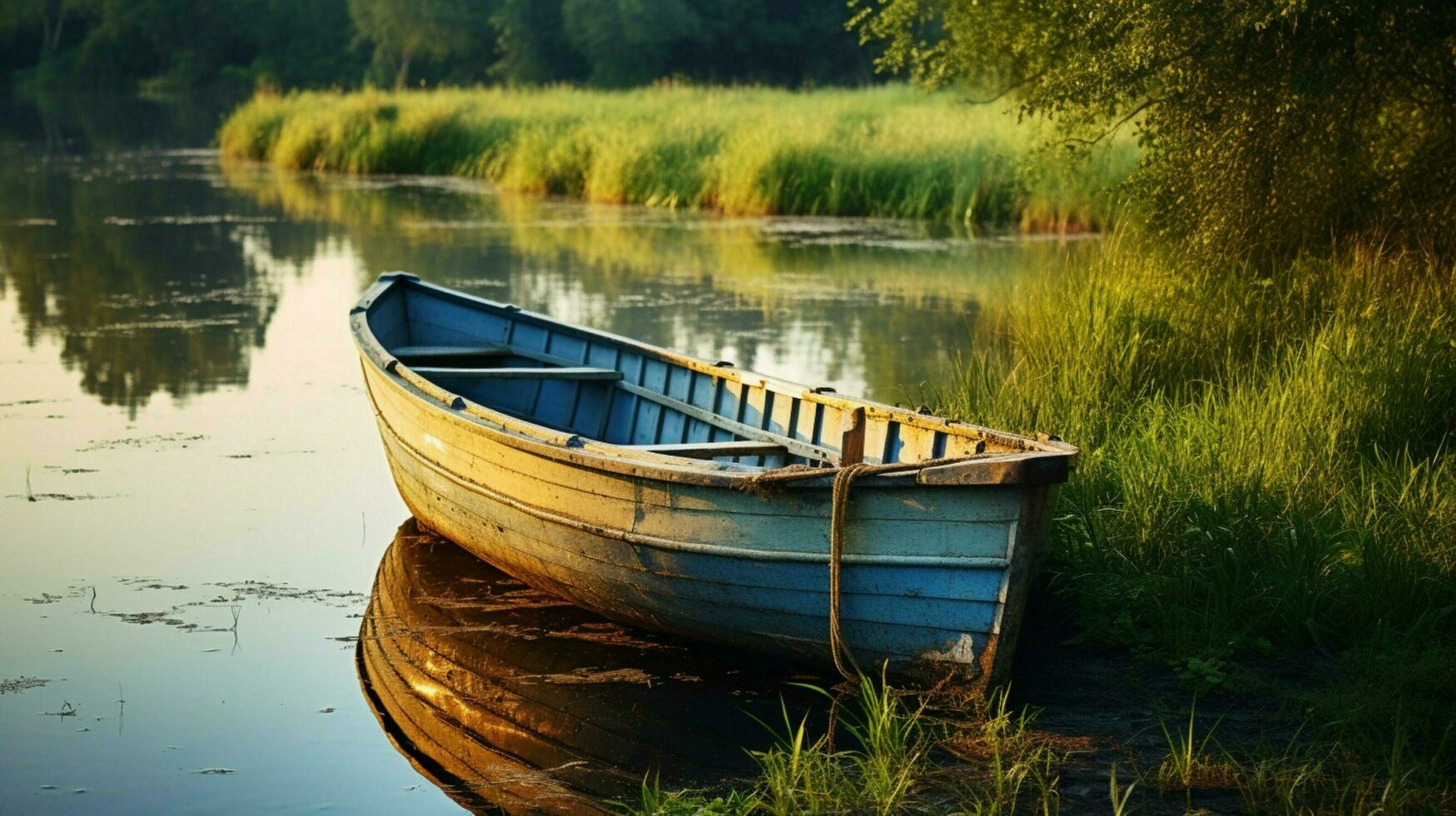 tranquil scene old rowboat on grass reflecting nature beauty photo