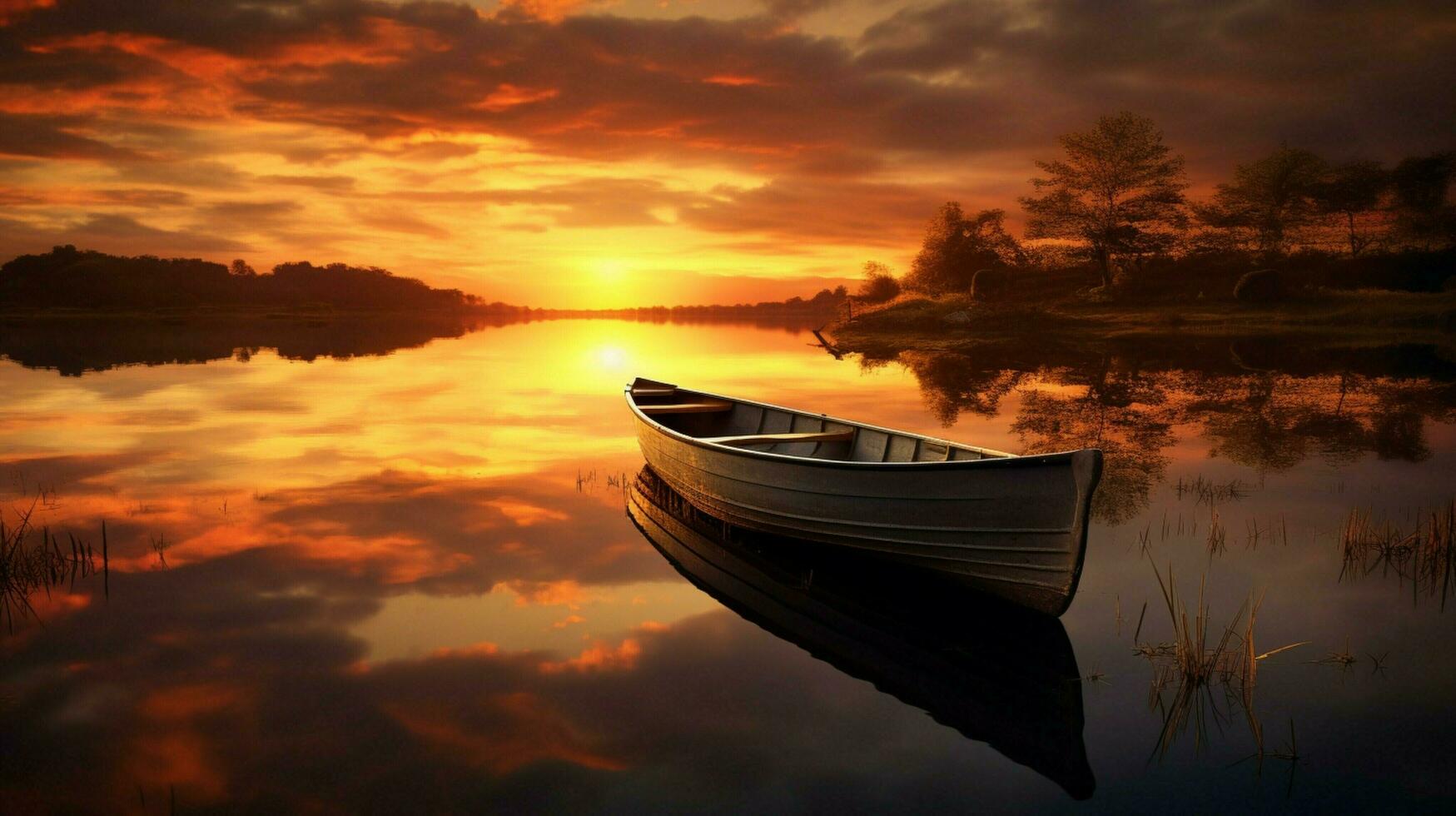 tranquil sunset on the pond rowboat glides through reflect photo