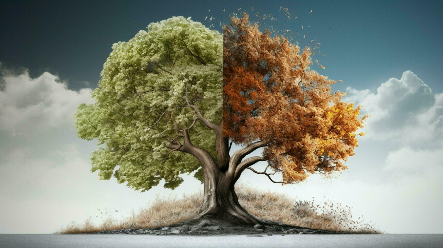 árbol con dos estaciones comparado escena foto