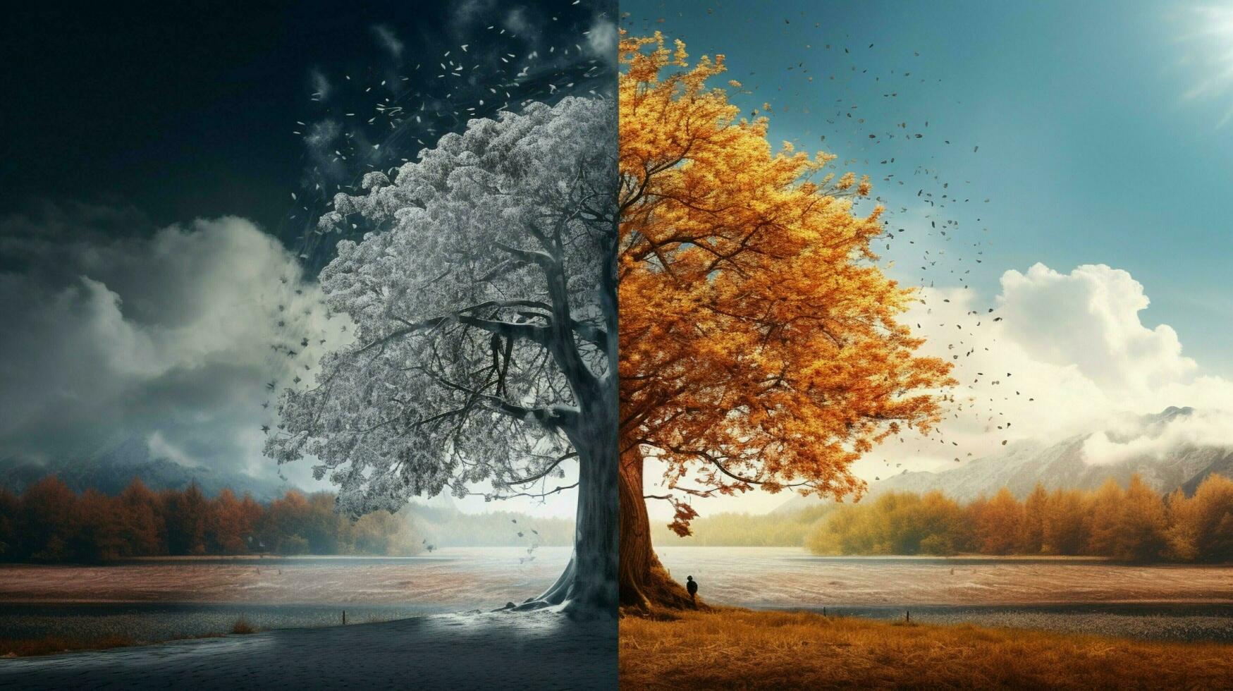 tree with two seasons compared scene photo