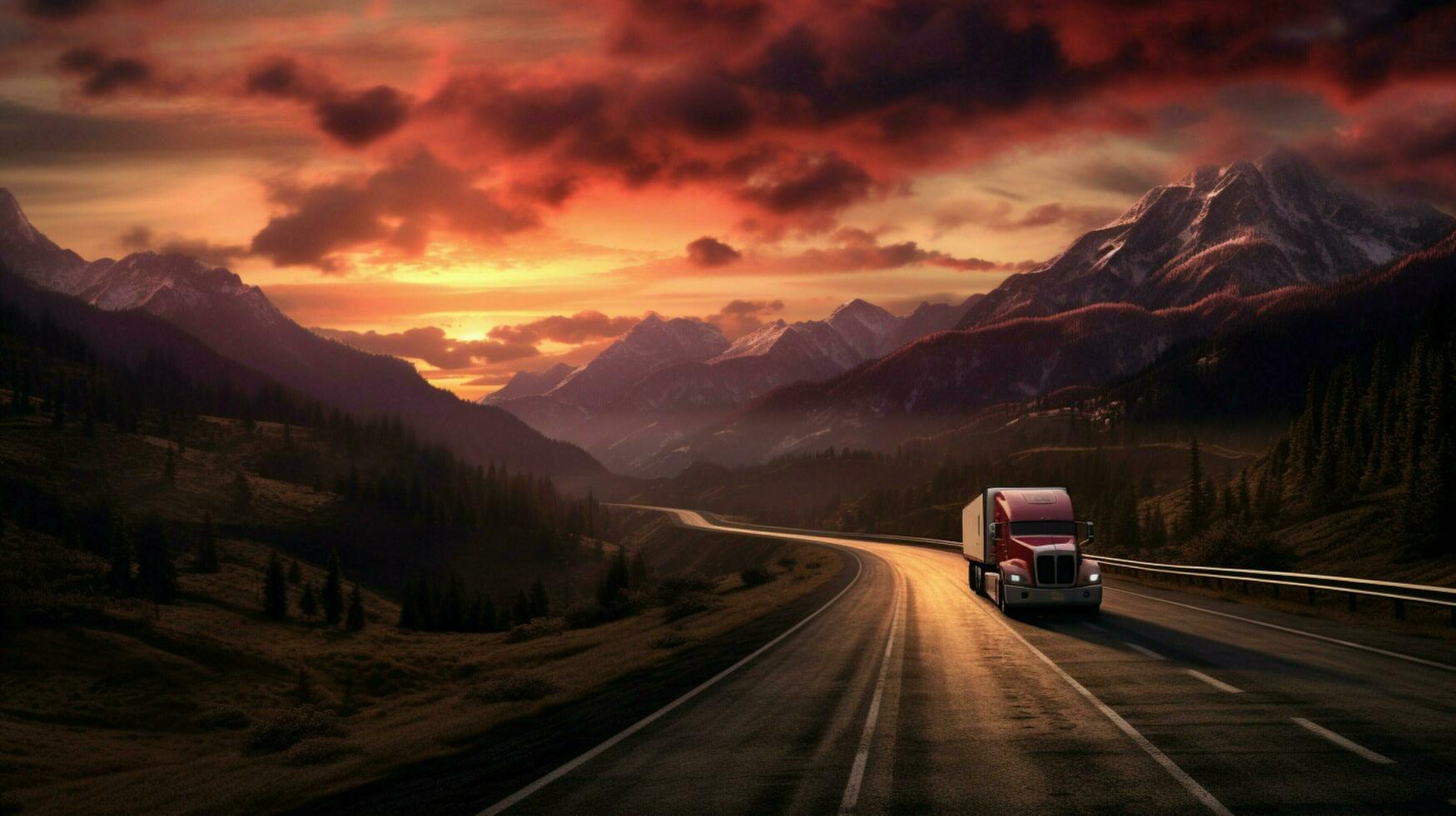 truck driving through mountain pass at sunset photo