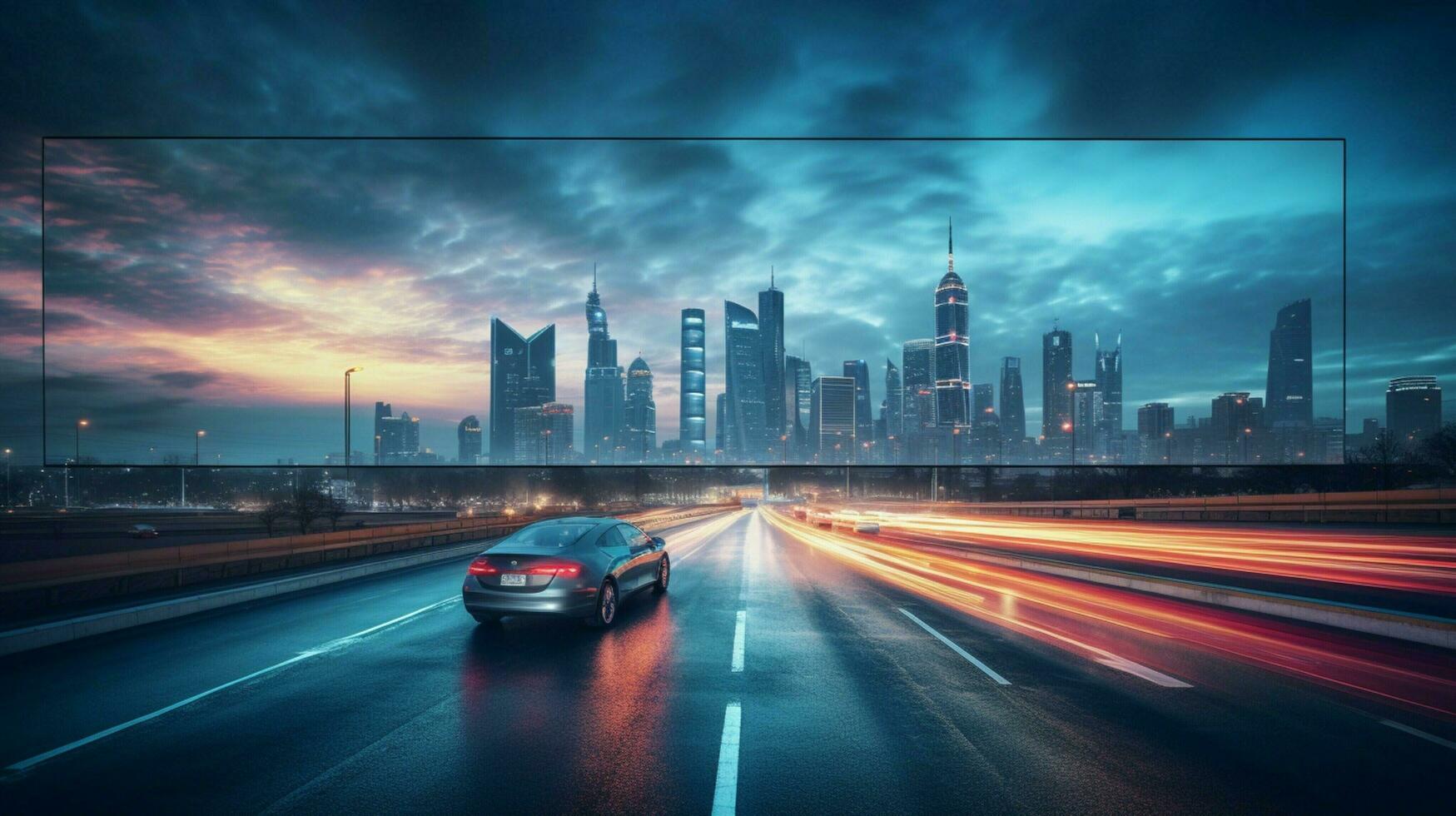 tv with city skyline illuminated at dusk with traffic photo