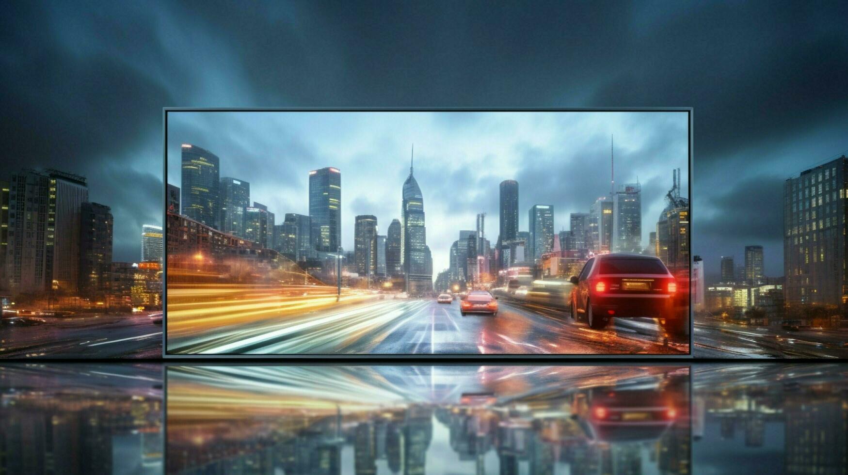 tv with city skyline illuminated at dusk with traffic photo