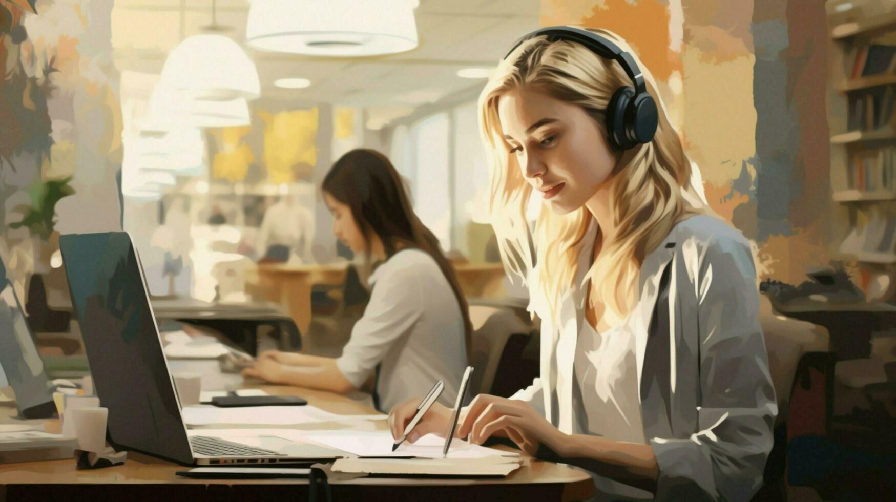 two young adult caucasian women one blond indoors working photo