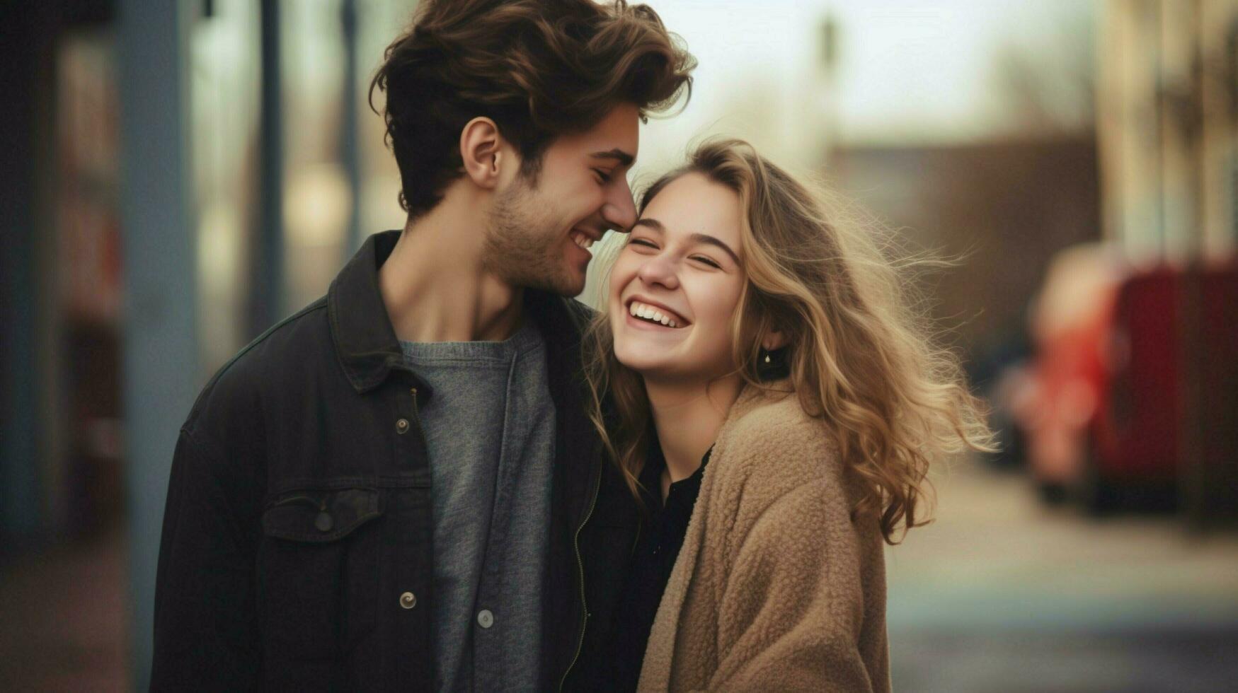 two young adults in love smiling together photo