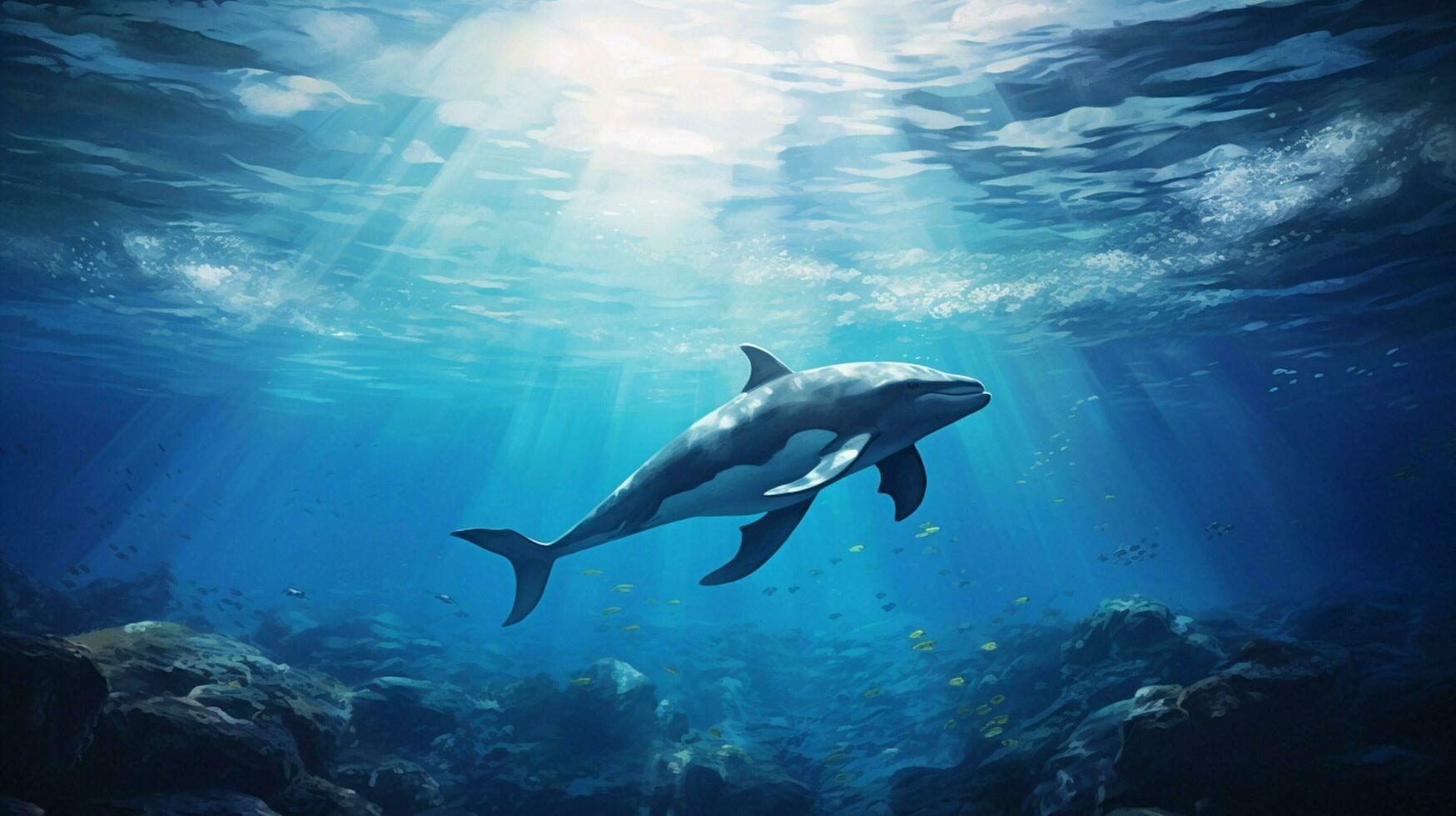 underwater adventure blue seascape one dolphin silhouette photo