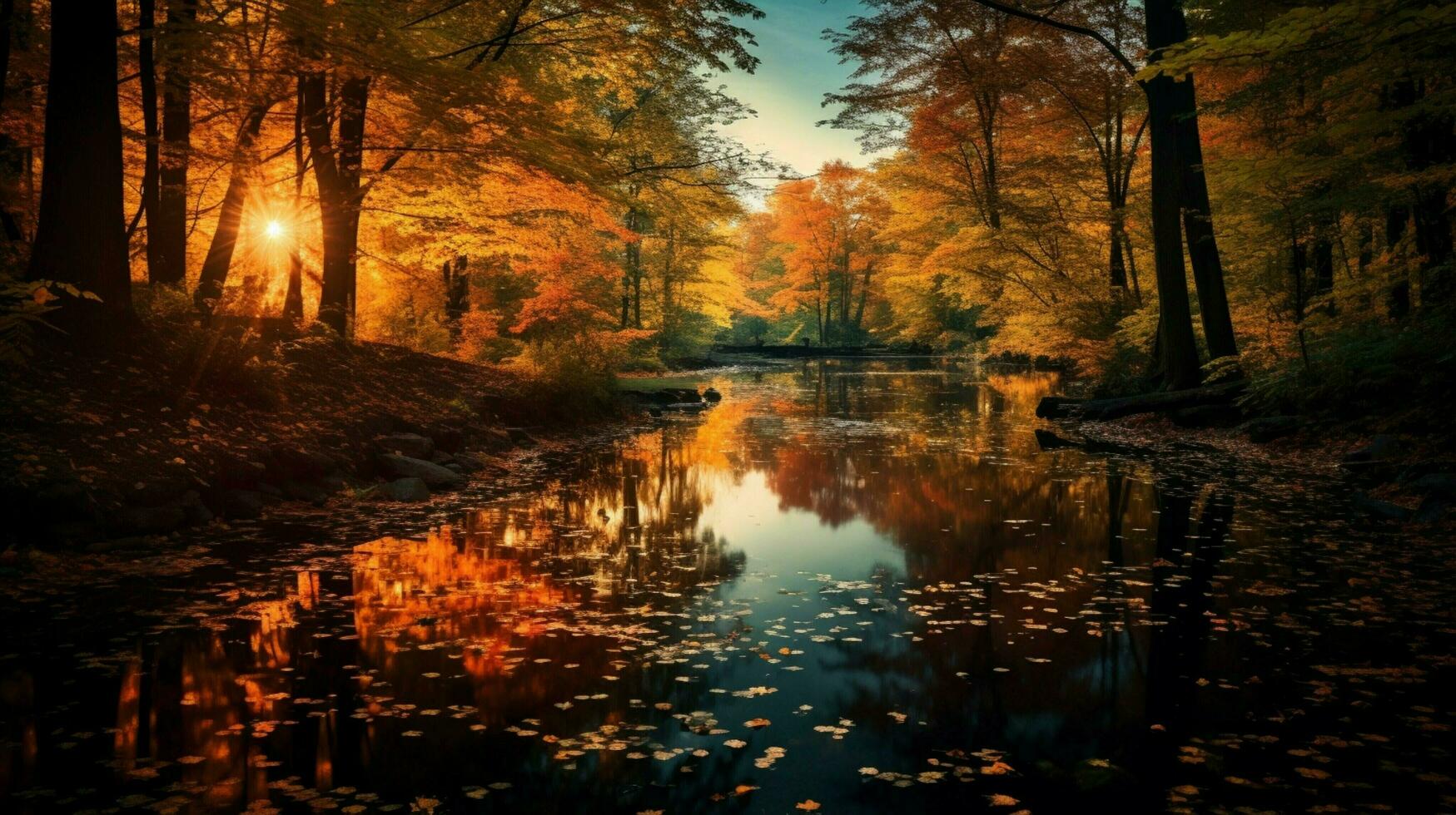 vibrant autumn leaves illuminate tranquil forest at dusk photo