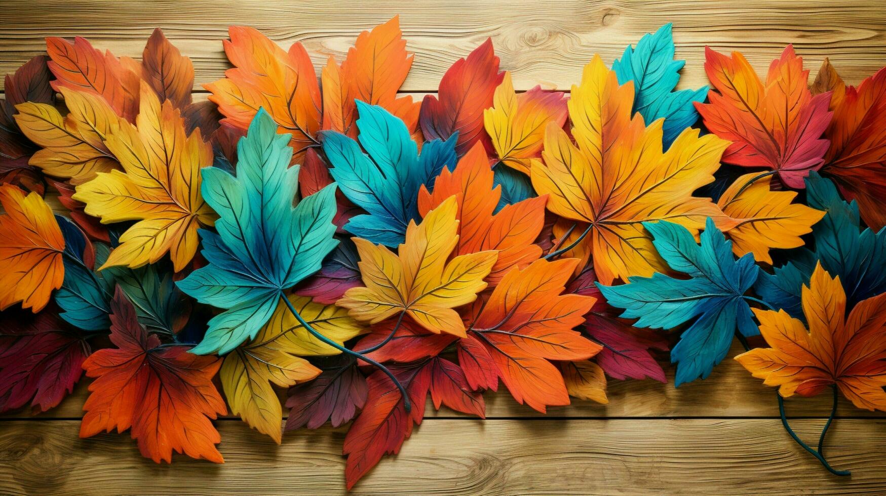 vibrant colors of autumn leaves on wood plank photo