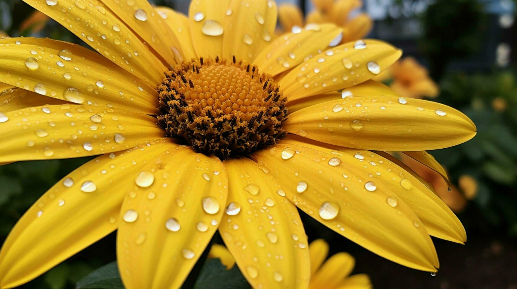 vibrant petals of a dewy yellow daisy in a formal garden photo