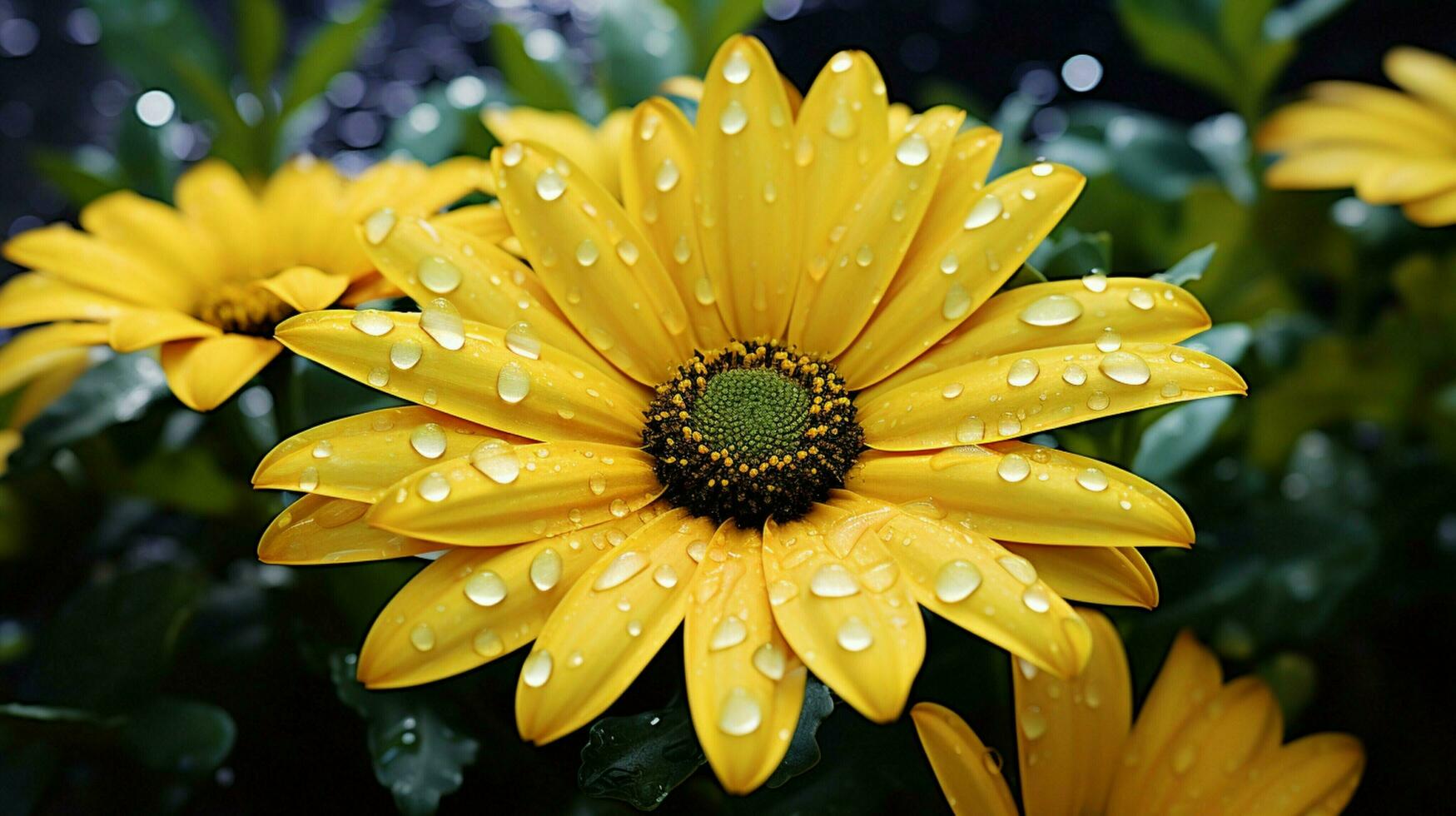 vibrant petals of a dewy yellow daisy in a formal garden photo